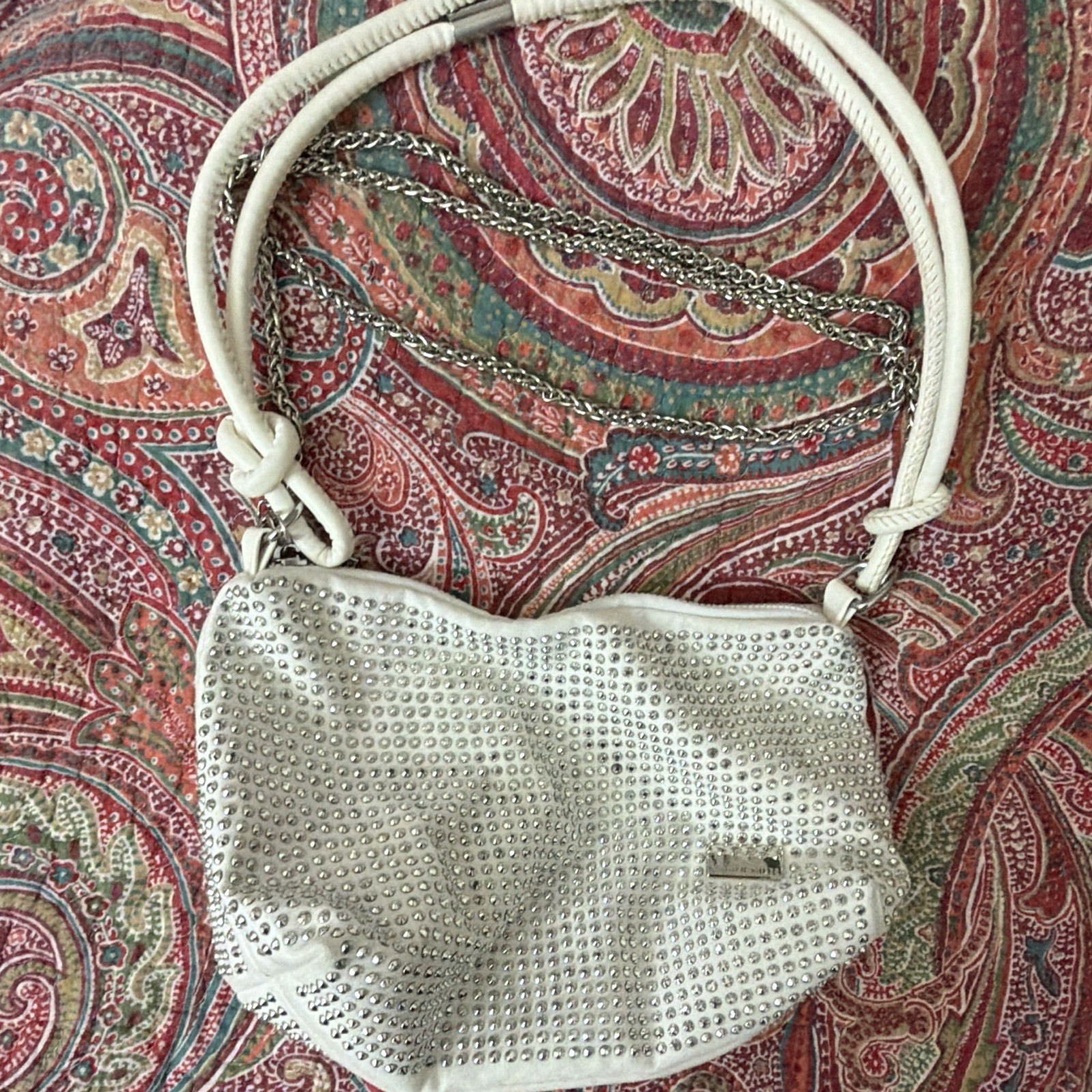 Natalie Mills White/Silver Rhinestone Small Zip Shoulder Bag w/ Detachable Strap