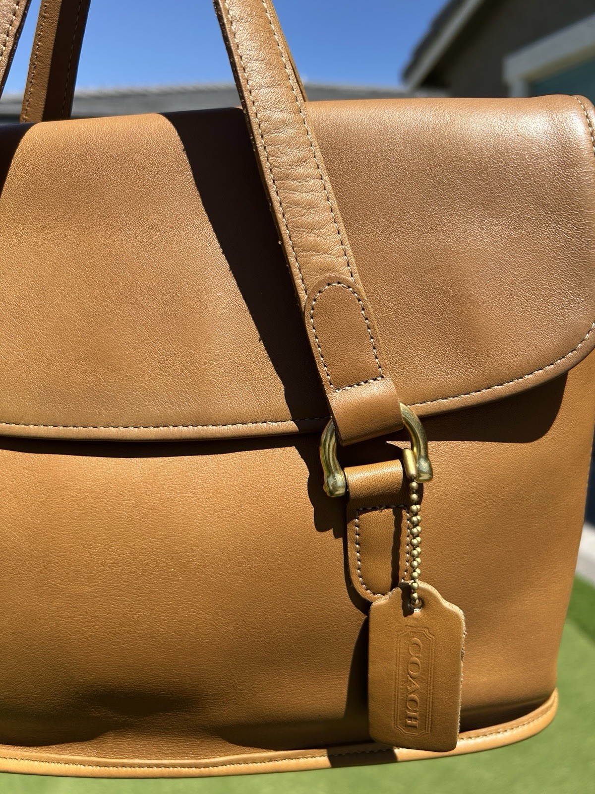 Vintage Coach Equestrian Flap Shopper Shoulder Bag in Toffee tan 1998 style#9808