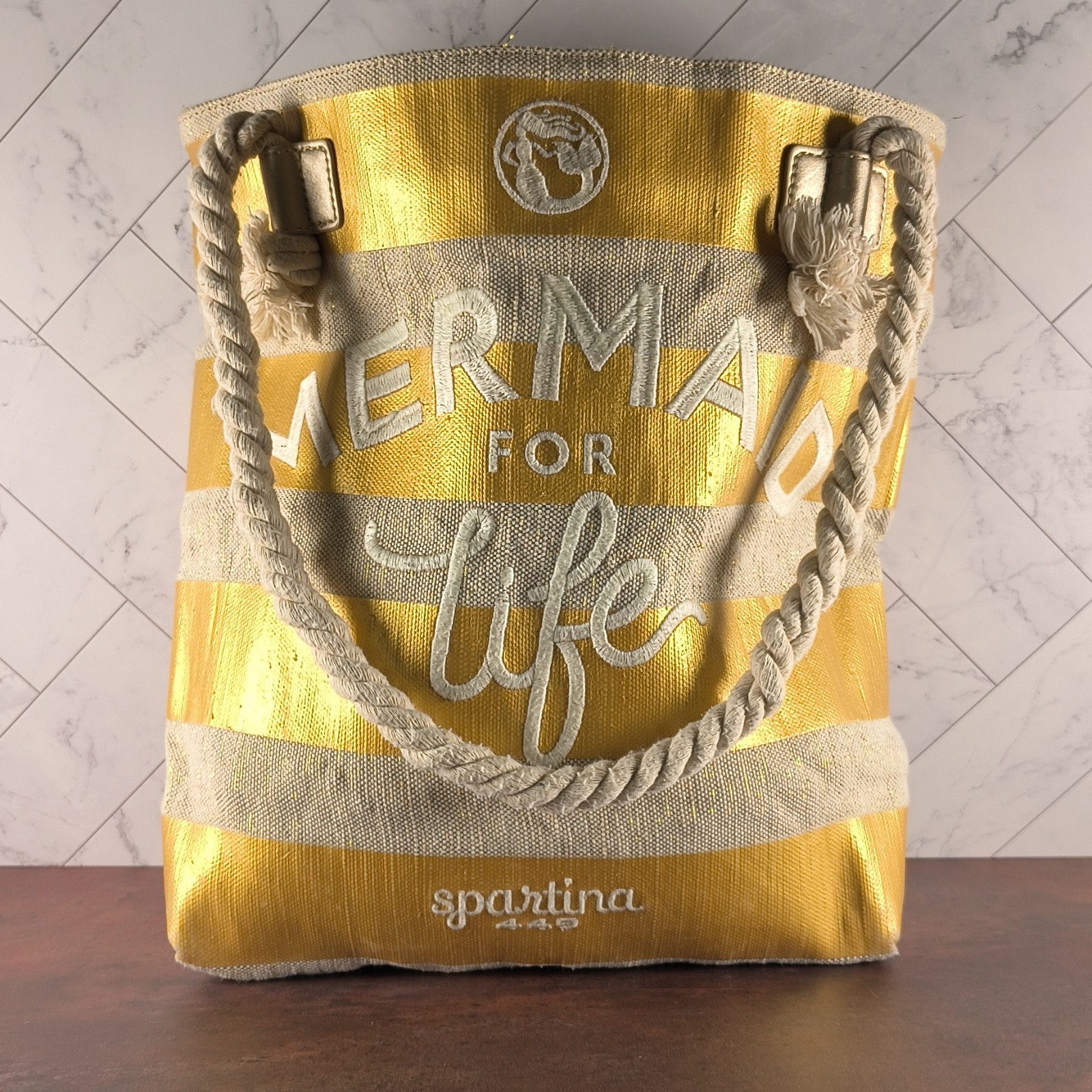 Spartina 449 Purse Gold “Mermaid For Life” Canvas Tote Beach Shoulder Bag NWT