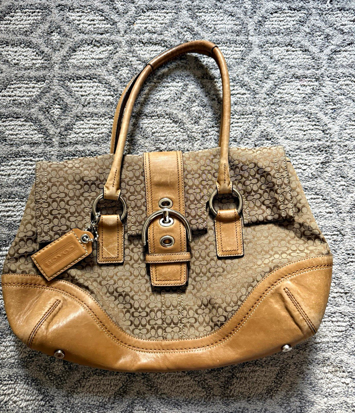 Coach Signature Logo Satchel Top Handle Beige/Tan, Buckle, Pockets, Charm