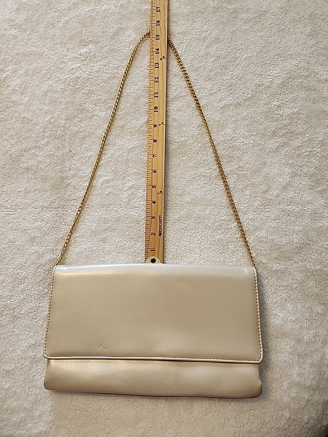 Vintage Shimmer Beige Clutch Envelope Faux Leather Formal Casual Metal Chain