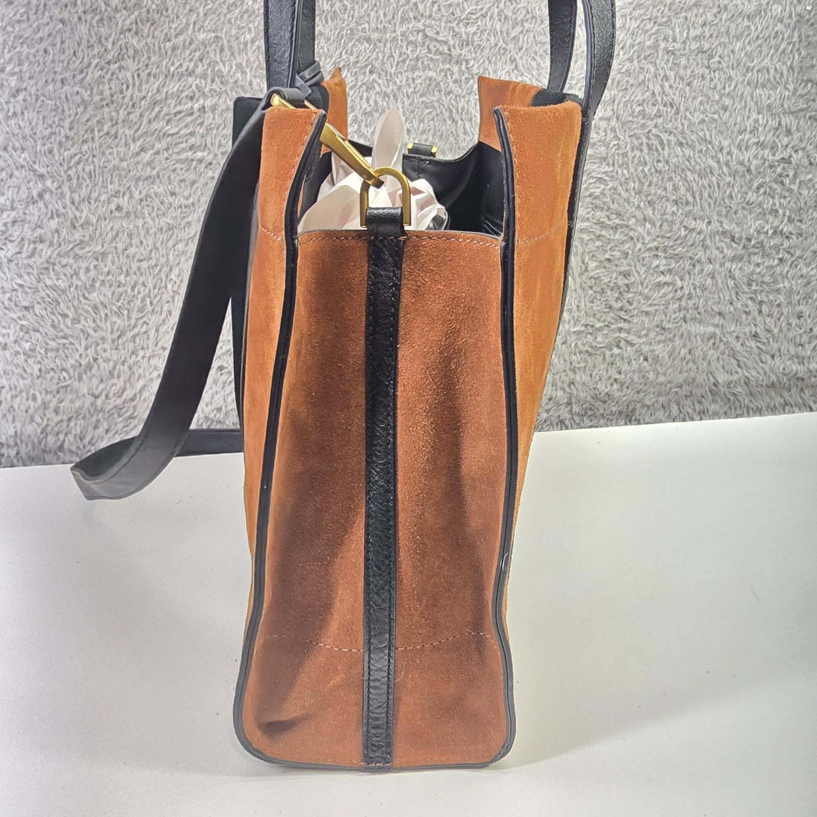FOSSIL Carmen Shopper Brown Black SUEDE Leather Crossbody Tote Purse