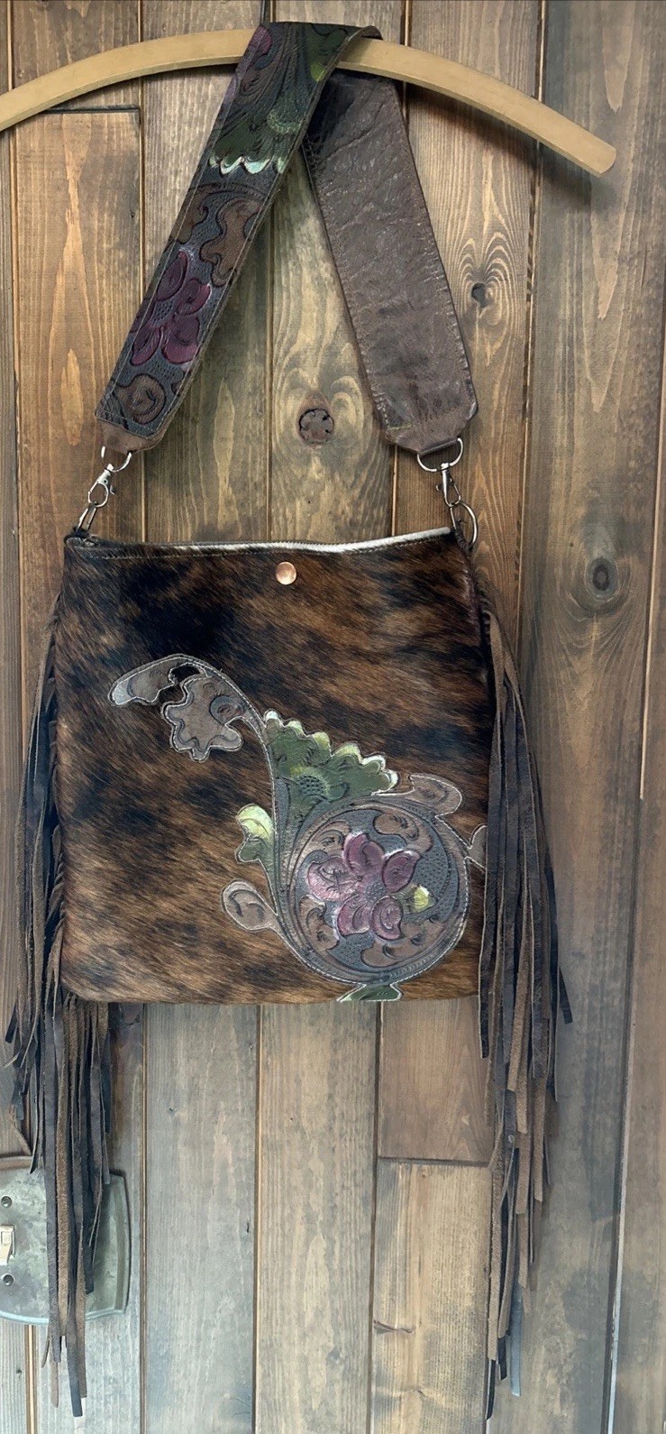 Dancing Cactus Design Genuine Leather Cowhide Boho Tooled Thick Strap Purse