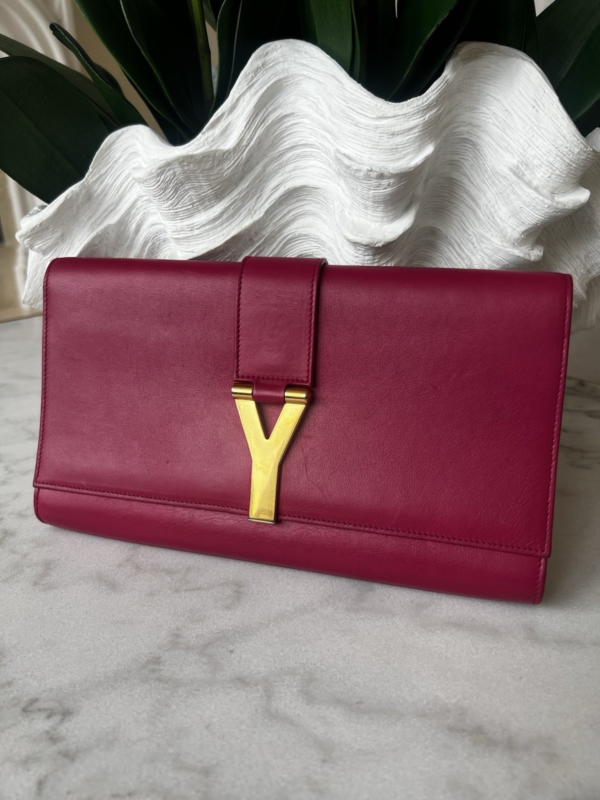 Saint Laurent Paris Y Ligne Clutch Fuchsia Pink Leather Mint! You can add Strap
