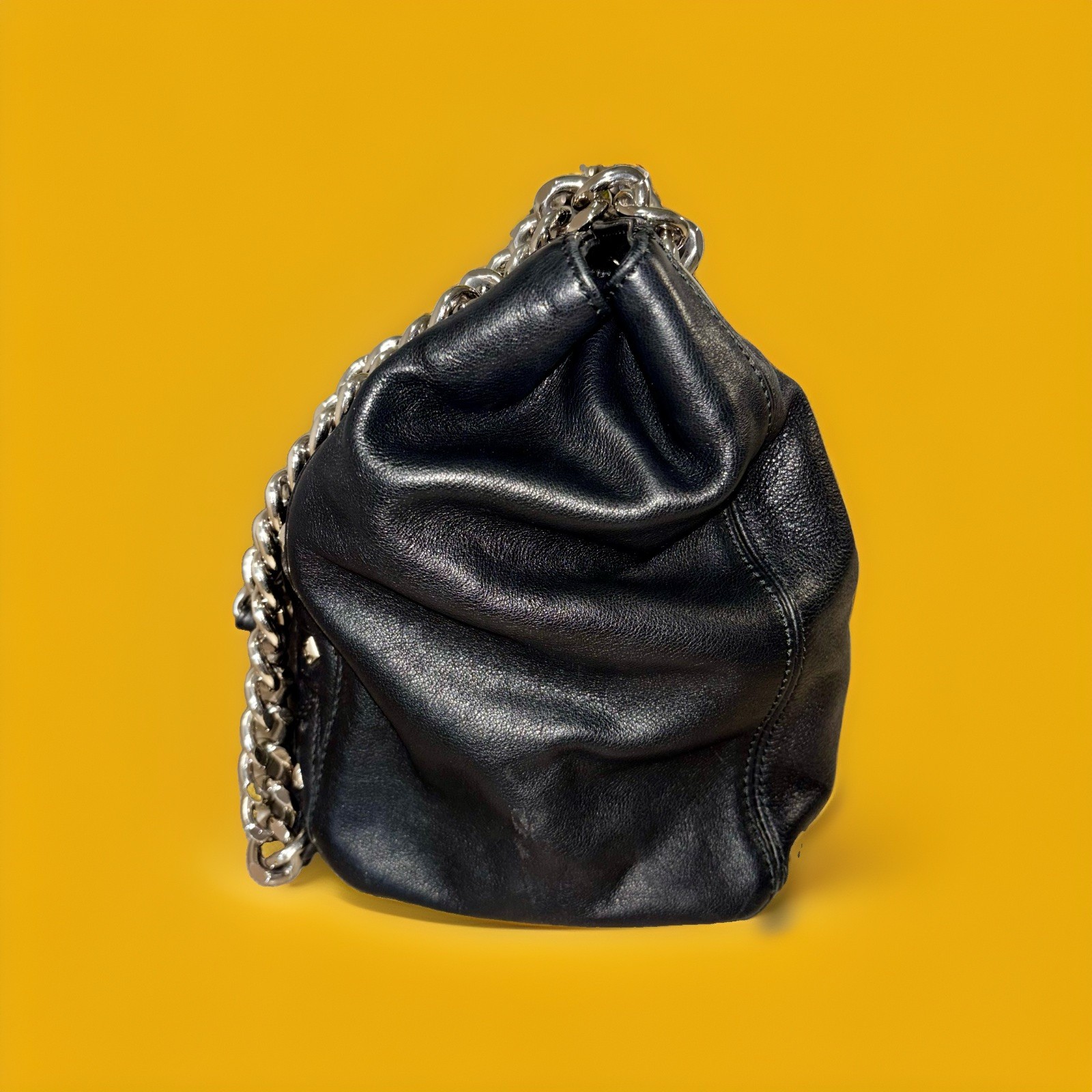 Valentino Black Leather Studded V Logo Chain Shoulder Tote Bag Italy