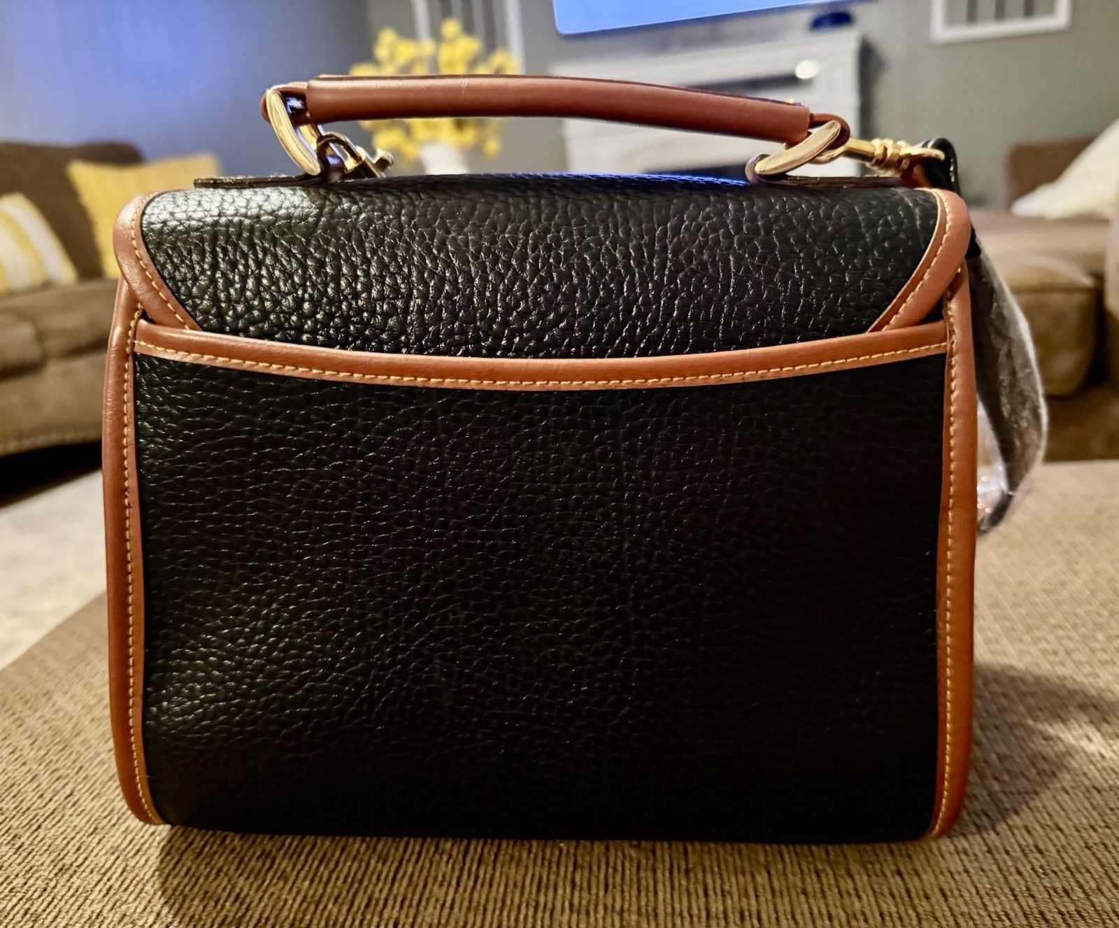 Alba Leather Handbag with Handle and Removable Strap. Black with Brown Trim