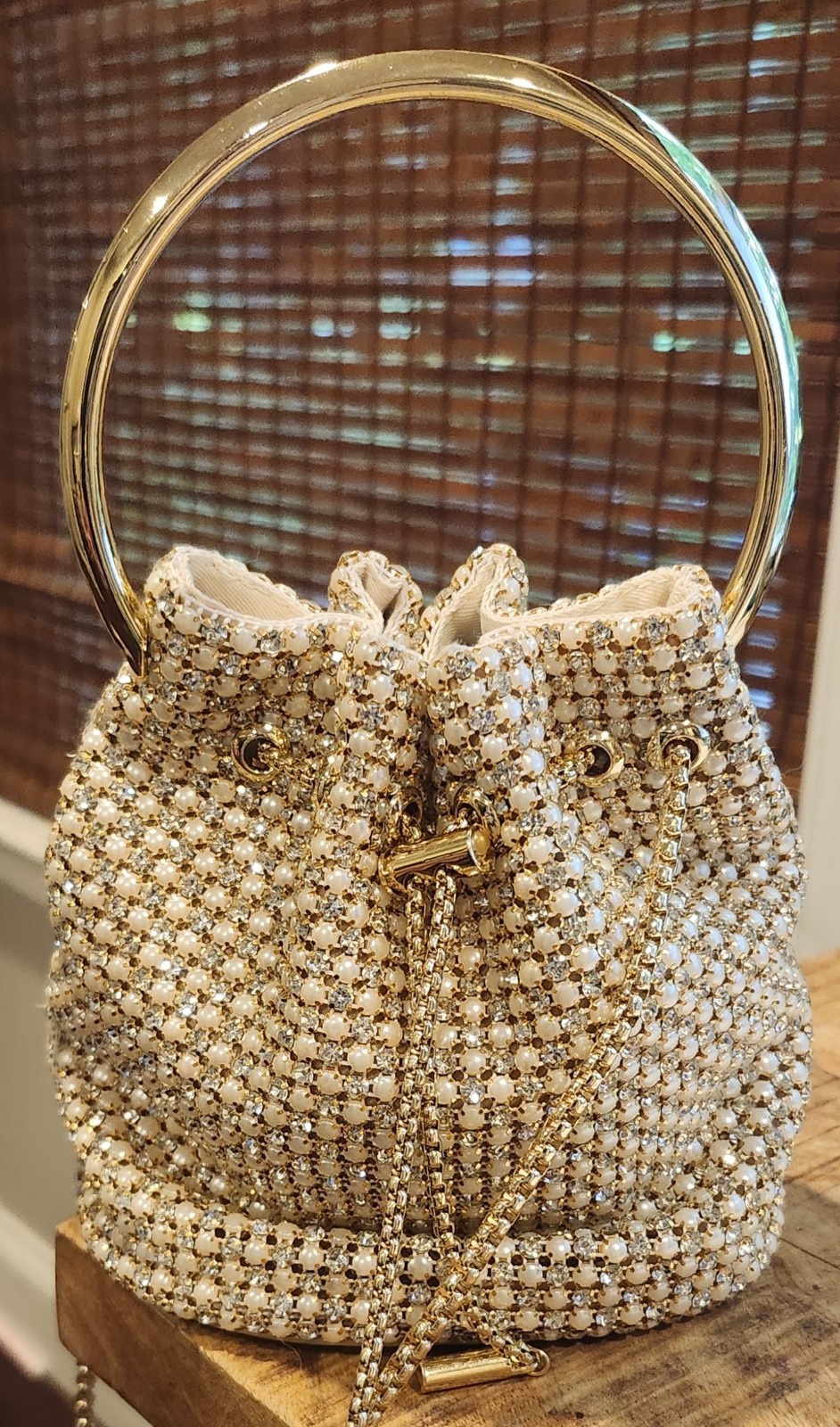 Amazing Madison West Gold Gala Bag with hand sewn crystal and pearl accents.