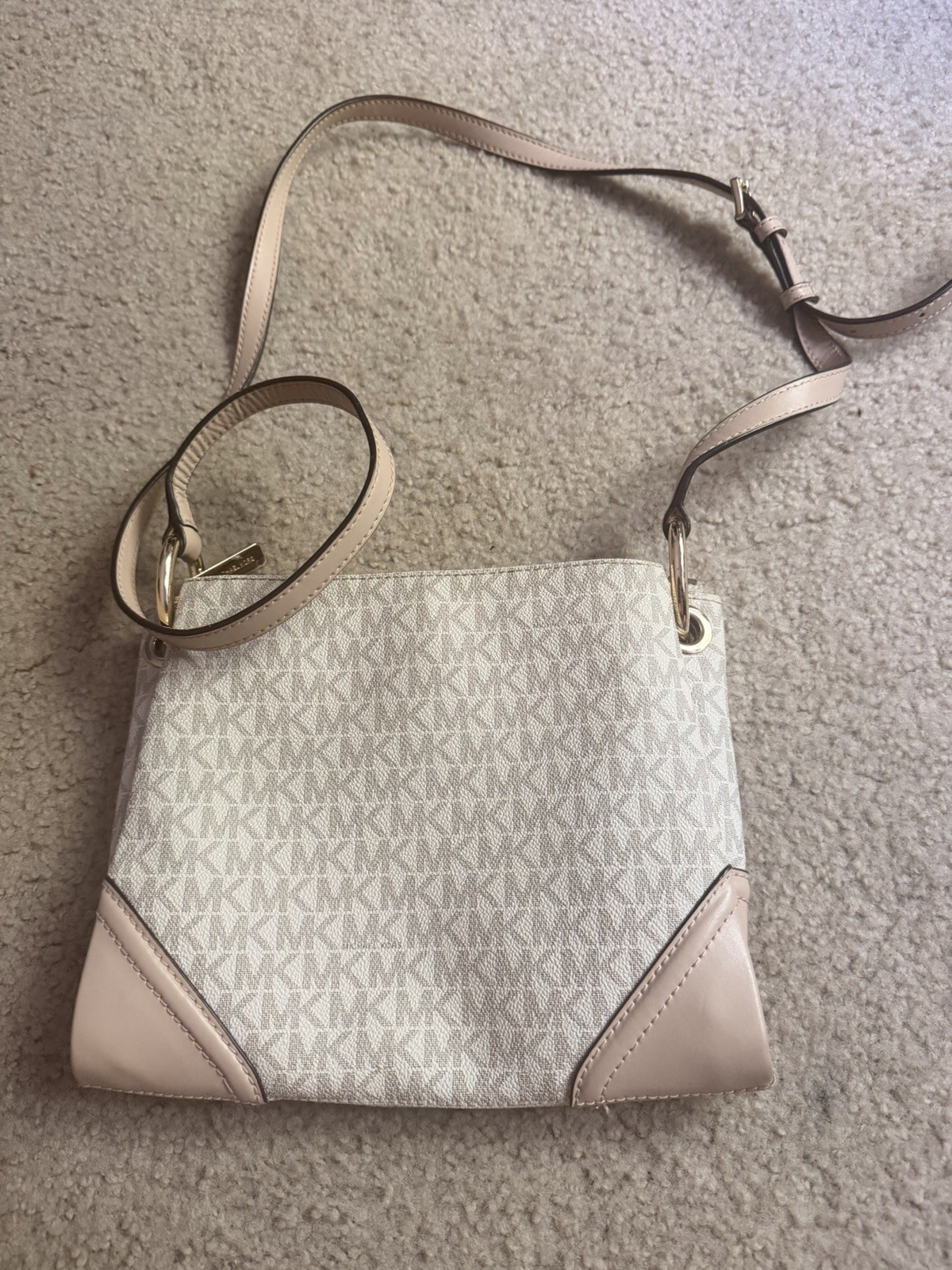 Michael Kors Logo Small Crossbody Bag Zip Closure Beige/Pink Gold-Tone