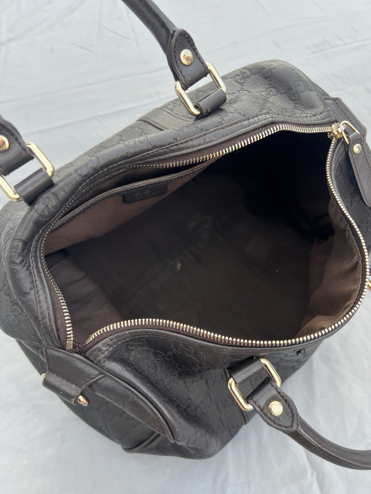 Gucci Guccissima Black Leather Boston Bag Large Satchel Handbag Italy Auth