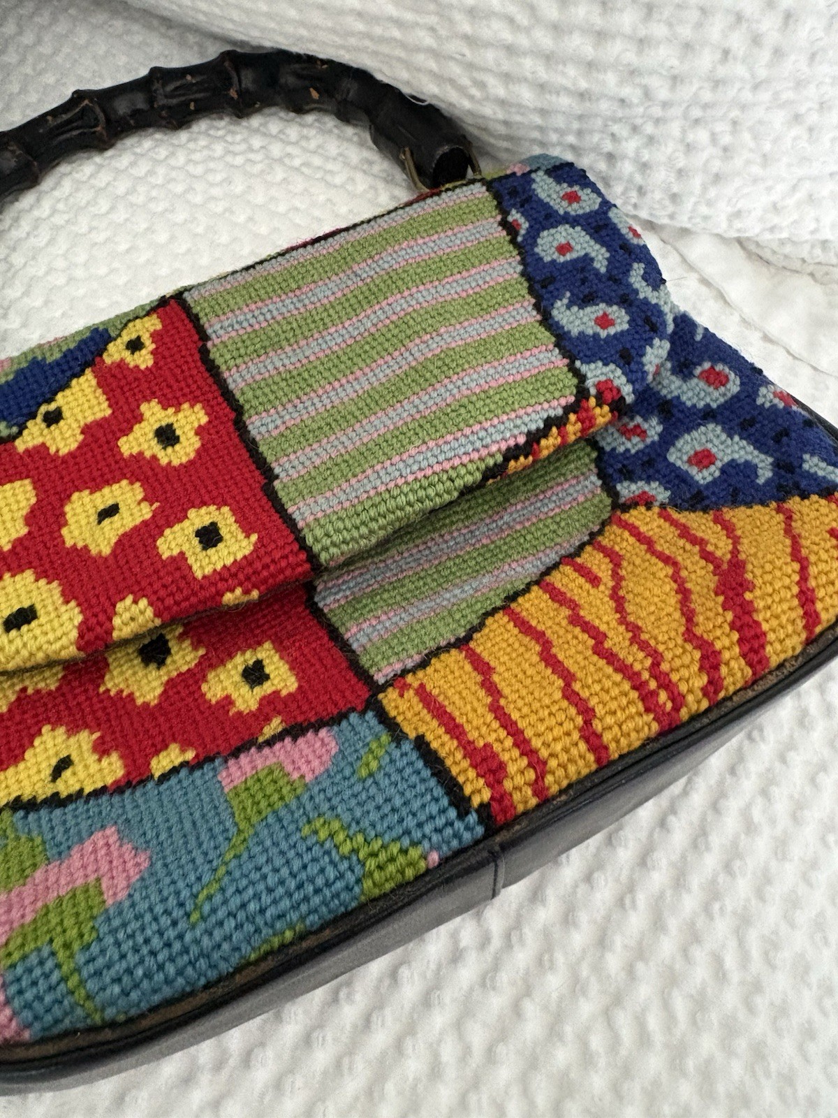 Vintage 1960s Floral Needlepoint Patchwork Bamboo Top Handle Carpet Bag Purse