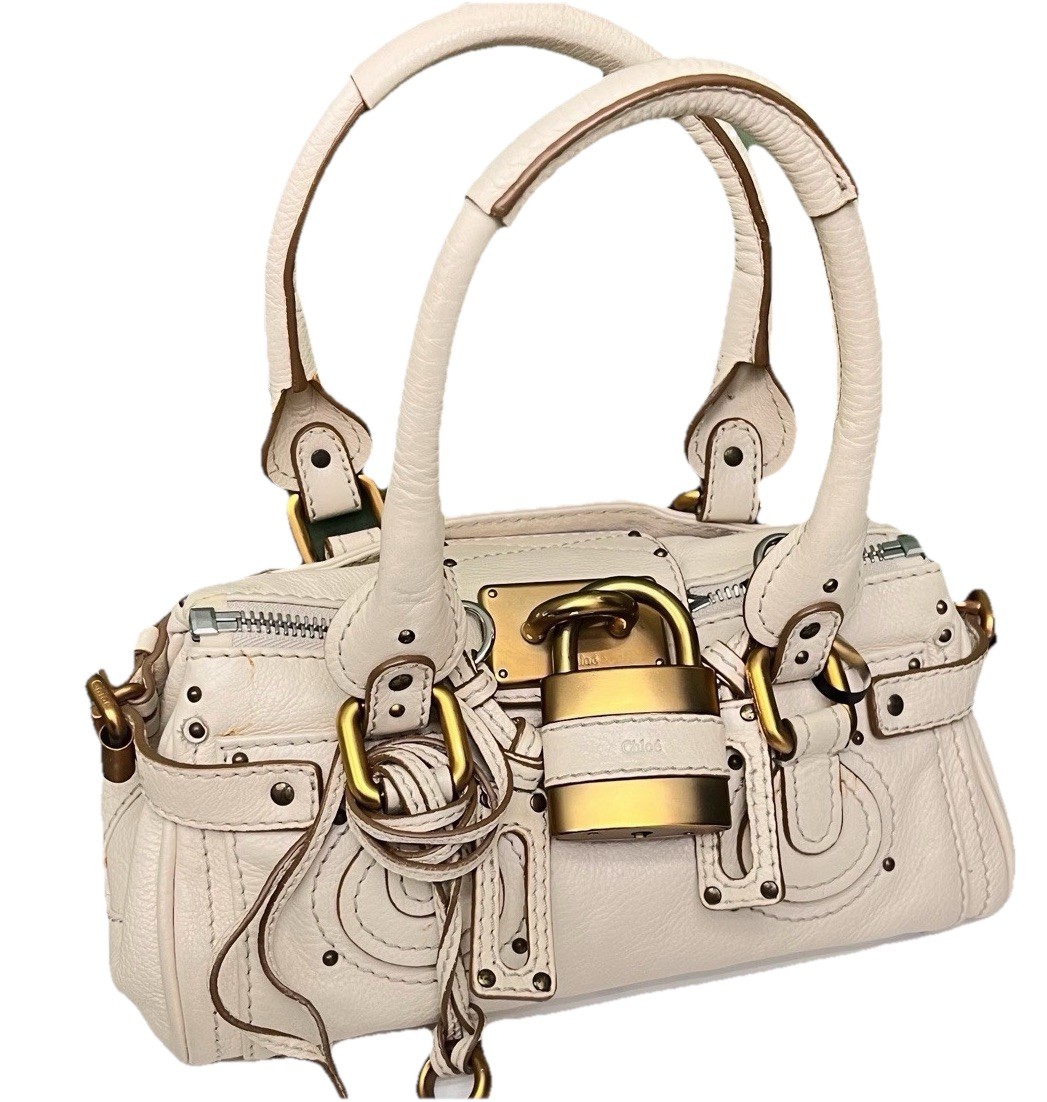 Authentic Chloé Paddington Handbag Off White Pebbled Calfskin Antique Gold