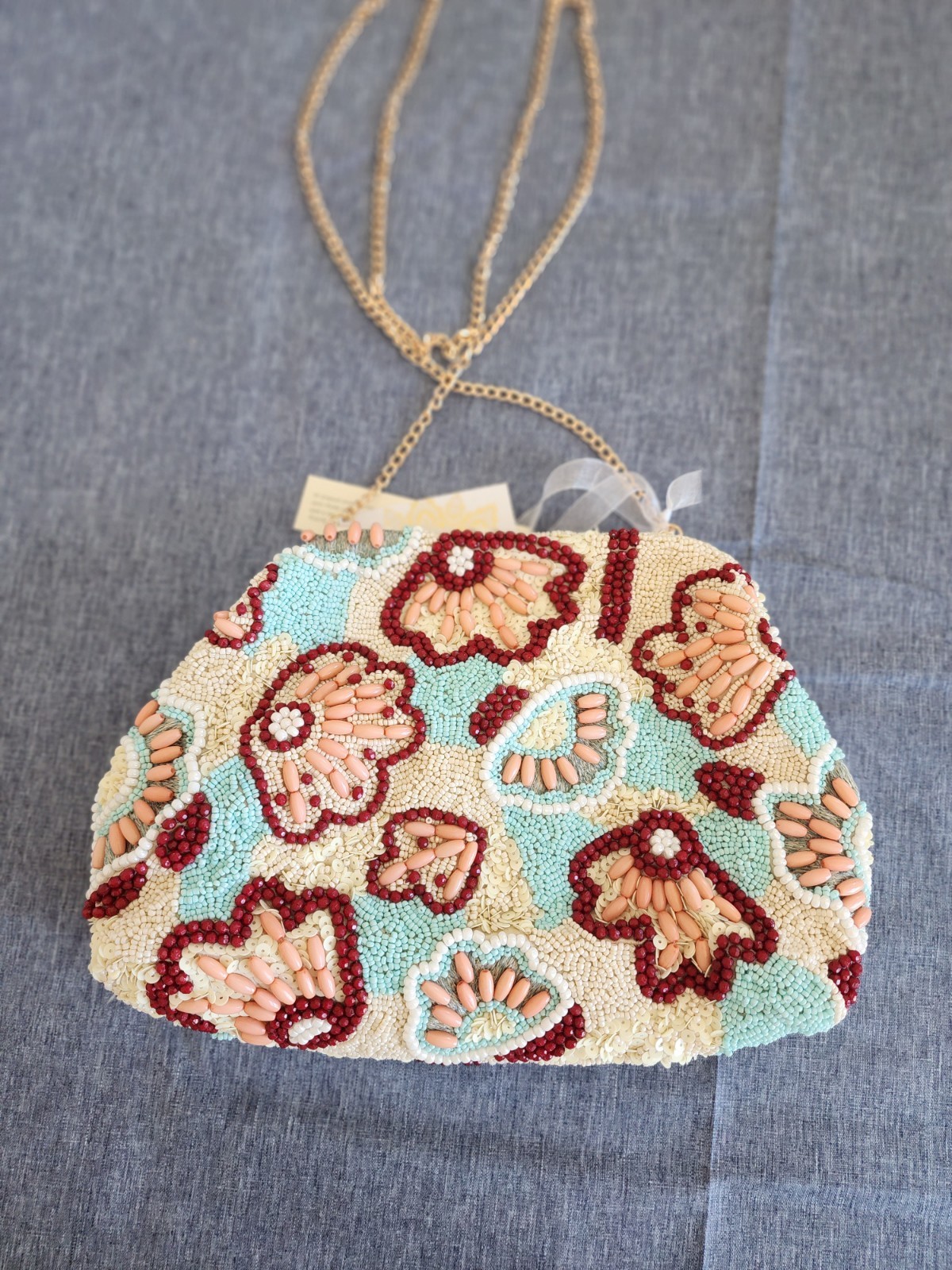 New Rare Burgundy Coral, Mint Floral Beaded Shoulder/crossbody/clutch Viral Bag
