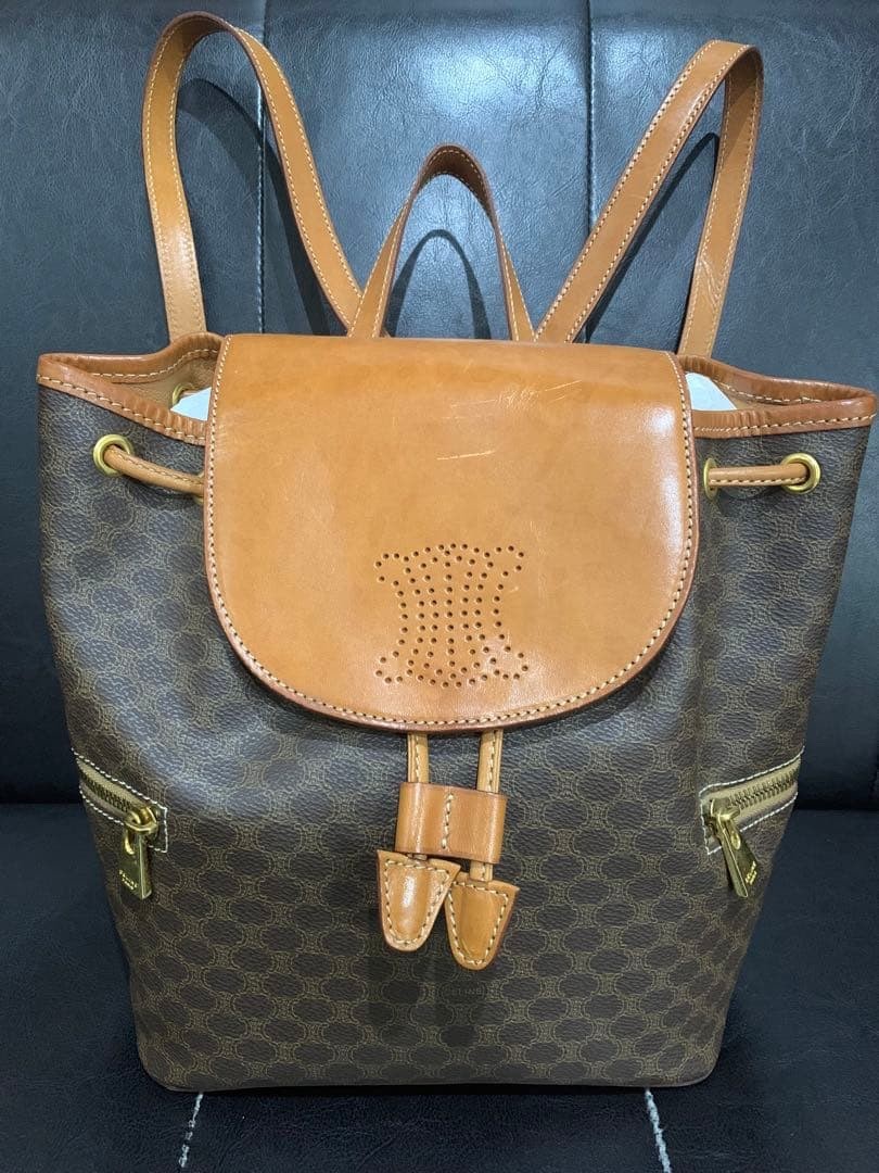 CELINE Macadam Triomphe Perforated Backpack Auth Brown Camel Leather Mini bag