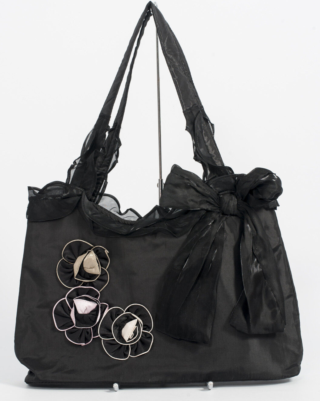 GORGEOUS BLACK ORGANZA AND SATIN HANDBAG WITH PINK AND GREEN SATIN ROSES AND BOW