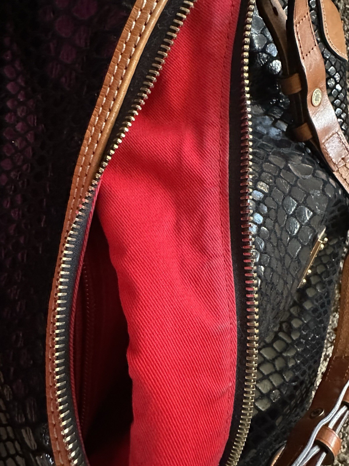 Dooney & Bourke Embossed Snake Hobo Shoulder Bag Zip Pockets Wristlet Black