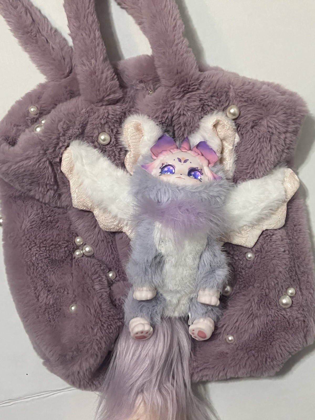 Plush Handbag Light Purple Faux Fur Shoulder Bag Cute Fantasy Animal Pearls Ooak