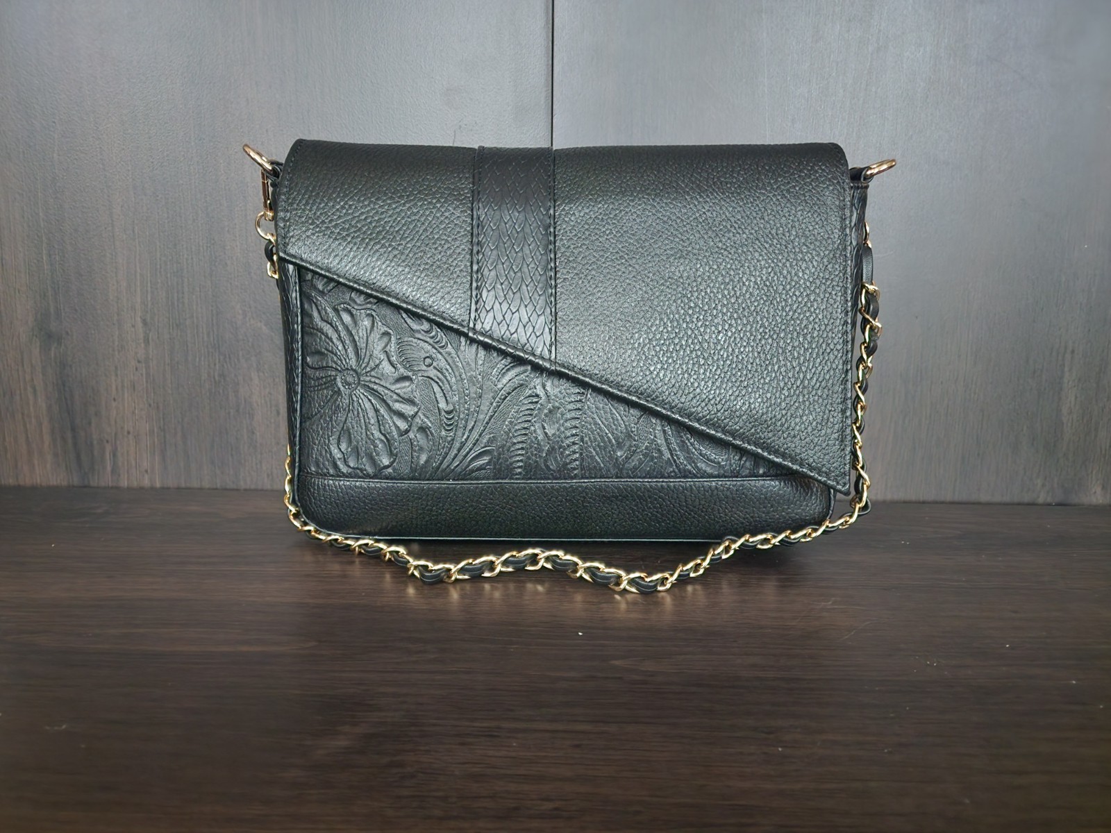 2 Straps Black Embossed Tooled Artisan LEATHER Crossbody Purse Bolsa