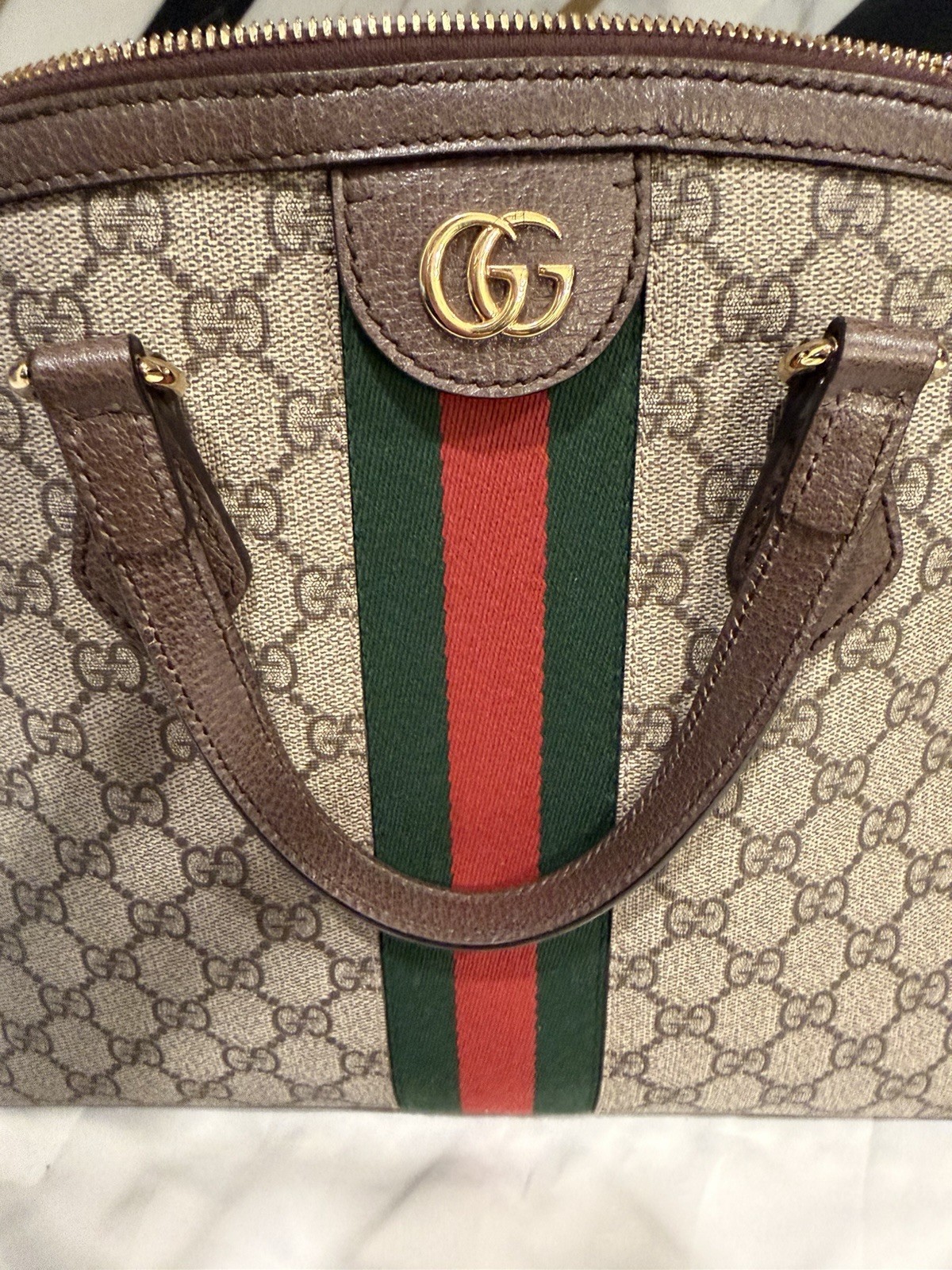 Gucci GG Monogram Web Stripe Top Handle Satchel Zip Bag w/ Detachable Strap