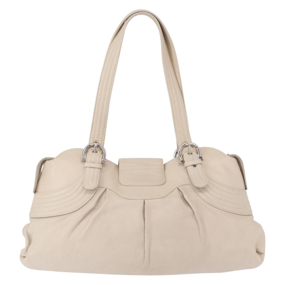 Salvatore Ferragamo Gancini Shoulder Bag Leather Silver White Auth 149671