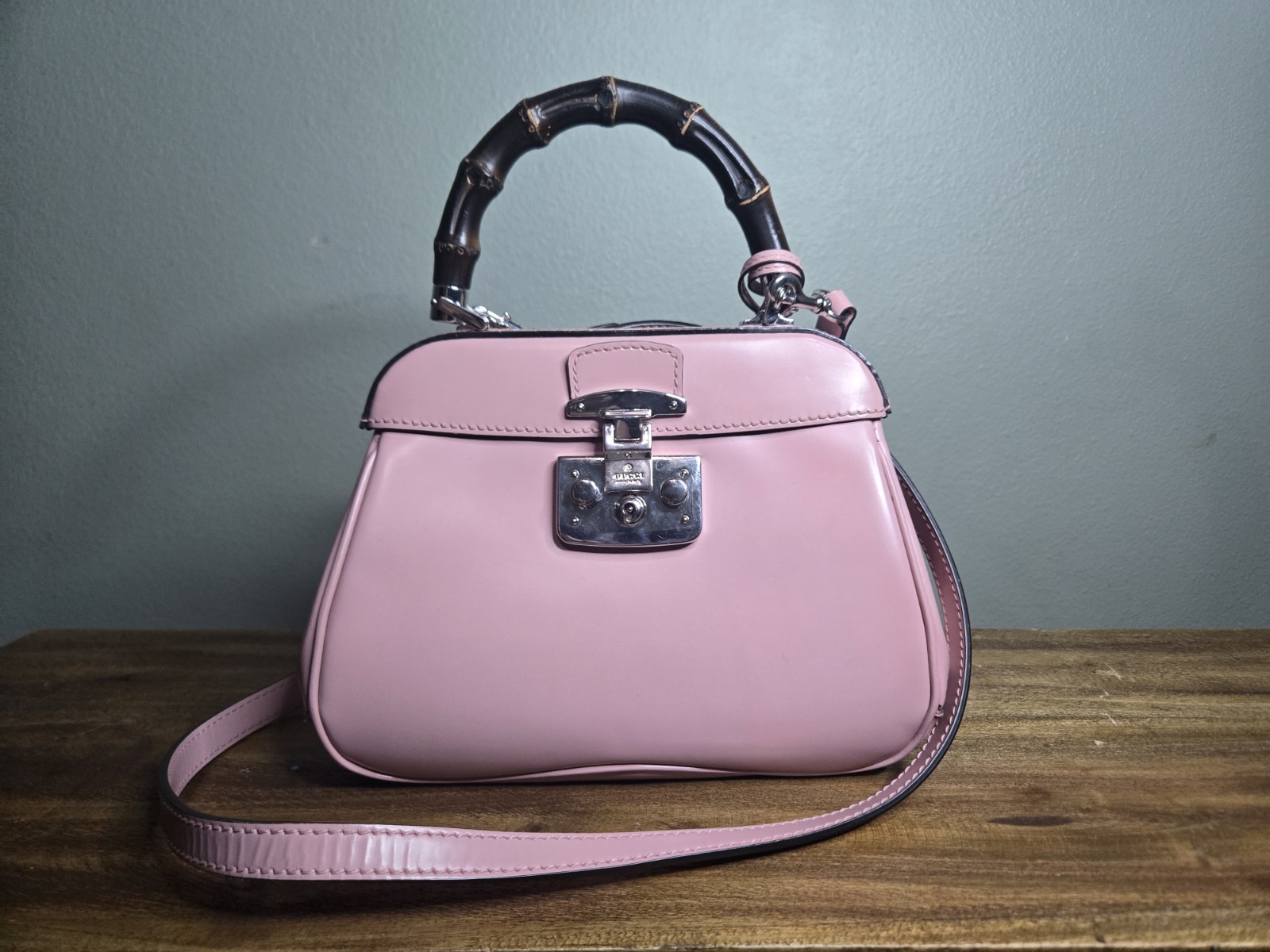 GUCCI Lady Lock Bamboo Handle Hand Bag, Pink Leather Exterior/Interior, COA