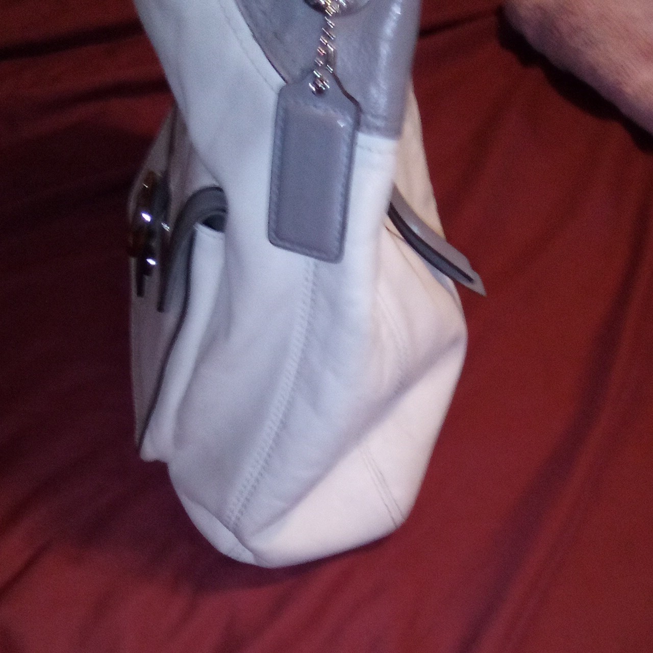Coach Leather Hobo Ivory Gray Shoulder Bag Zip Outer Pocket Charm Silver