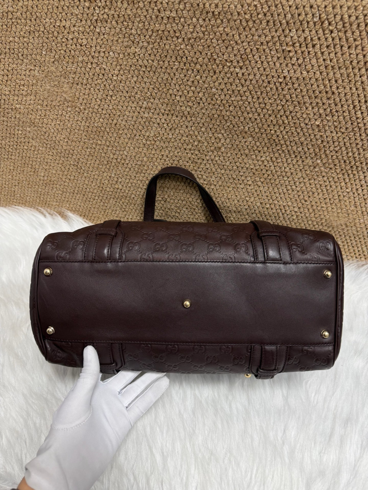 Authentic Gucci 85th Anniversary Boston Bag Embossed Leather Boston Bag Dark