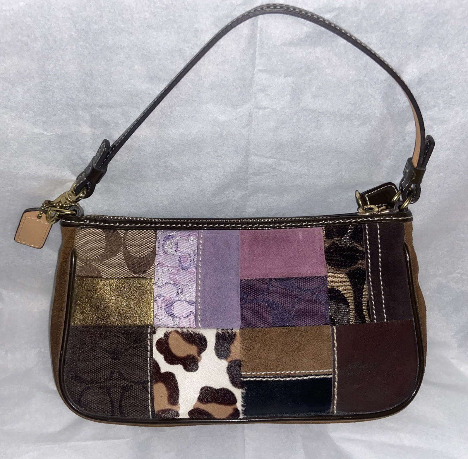 Coach Purple Leopard Demi Patchwork Shoulder Bag