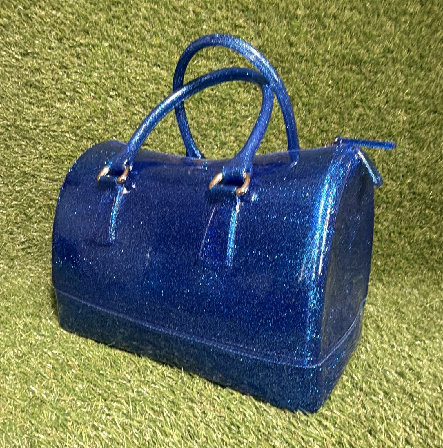 Women’s Blue Solid Rectangle Glitter Satchel Double Handles Zip Gold Hardware