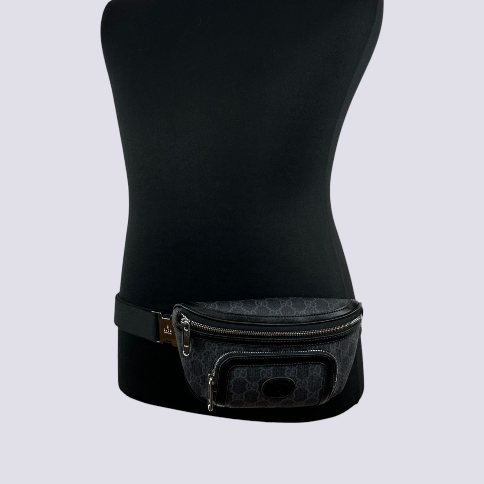 Gucci GG Monogram Interlocking G Canvas Leather Crossbody Belt Bag Black 682933