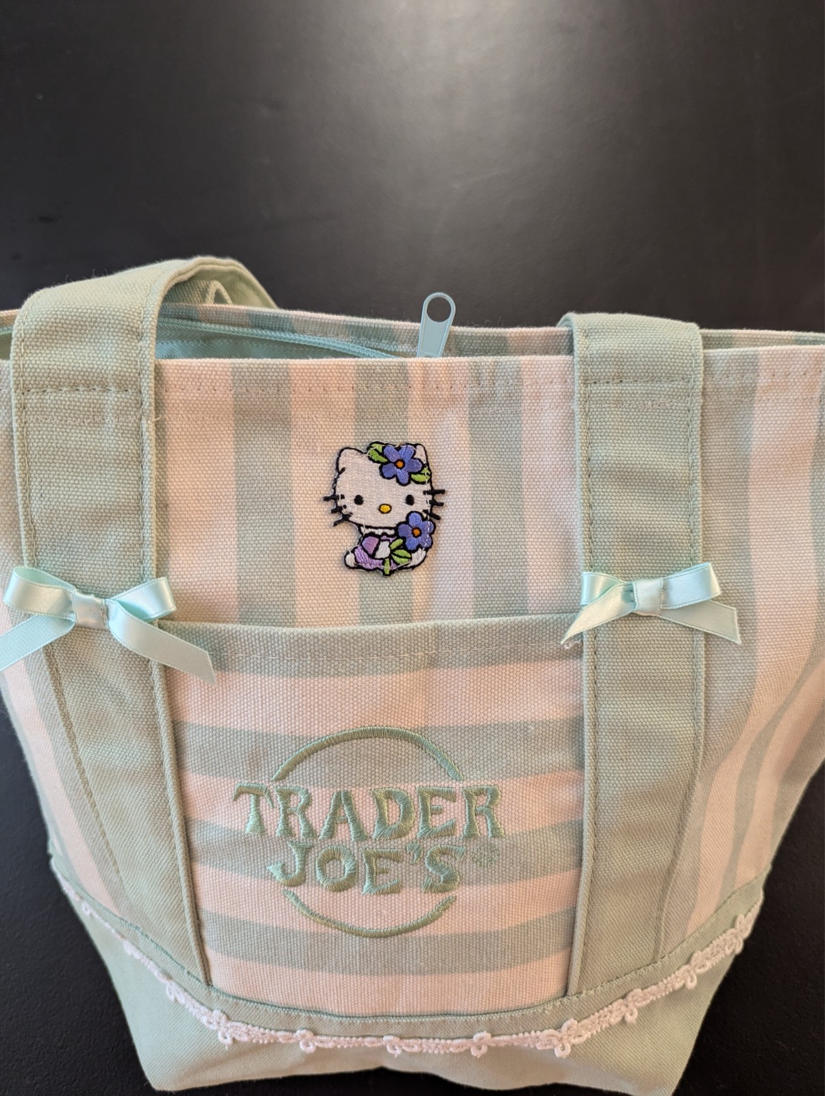 Custom Trader Joe’s Hello Kitty zipper mini tote bag striped pastel green bows