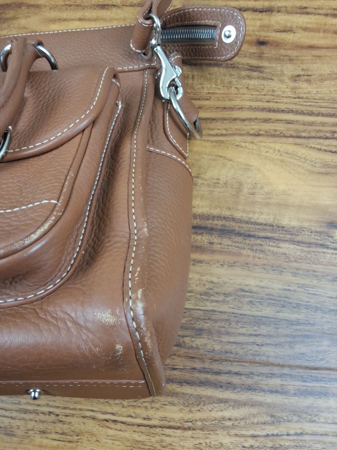 Dooney & Bourke Double Pocket Tote Brown Leather Zip Top Sholder Strap See Photo