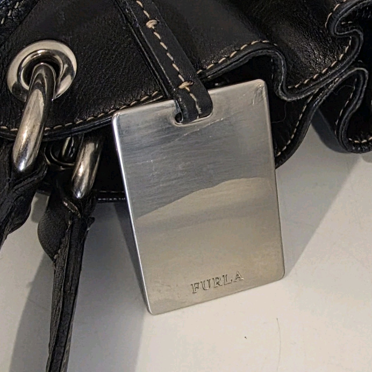 Furla Black Pebbled Leather Ruched Hobo Shoulder Bag Made in Italy Chain Accent