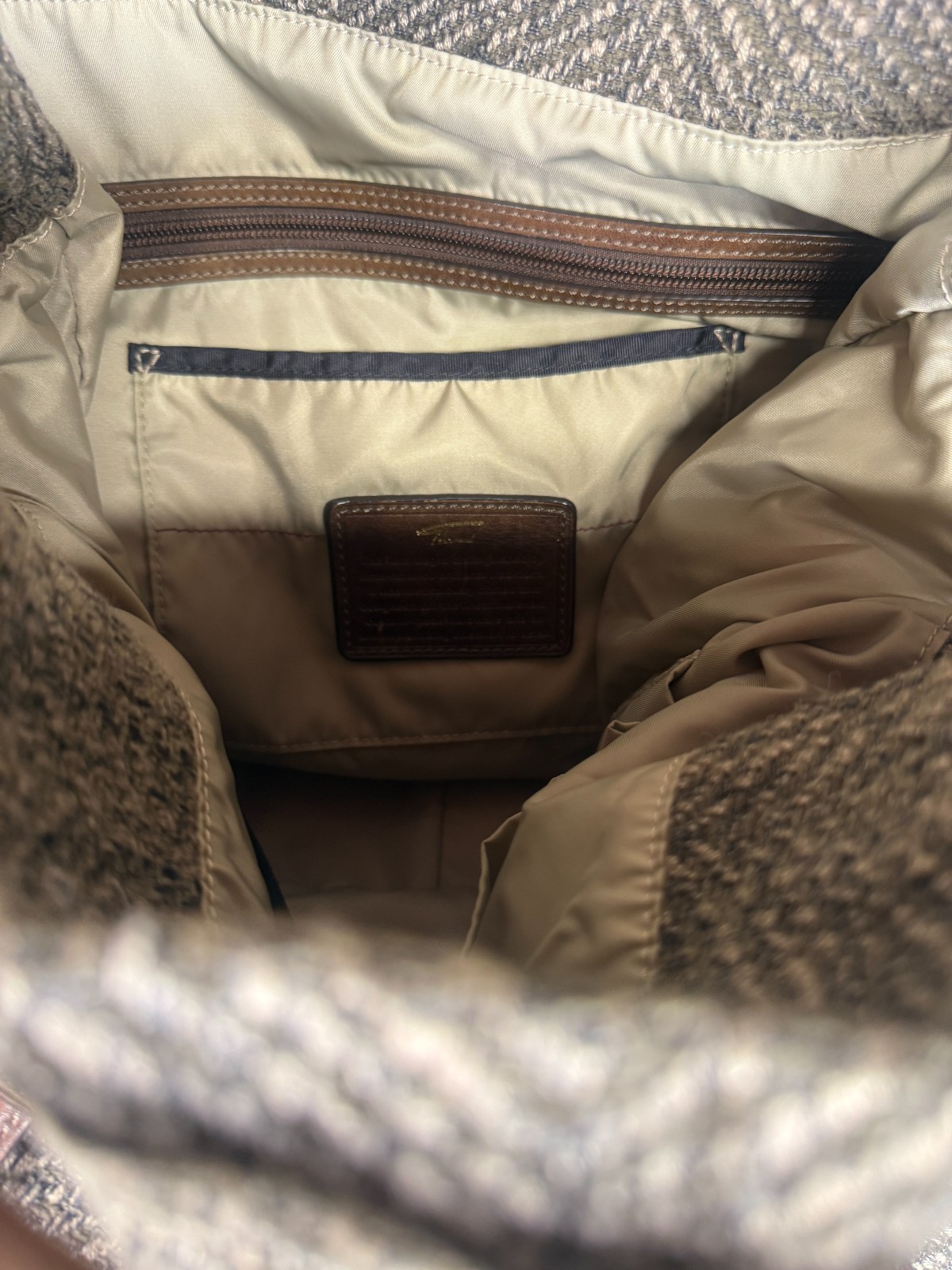 Tumi Brown Herringbone Tweed Leather Trim Organizer Shoulder Bag Travel
