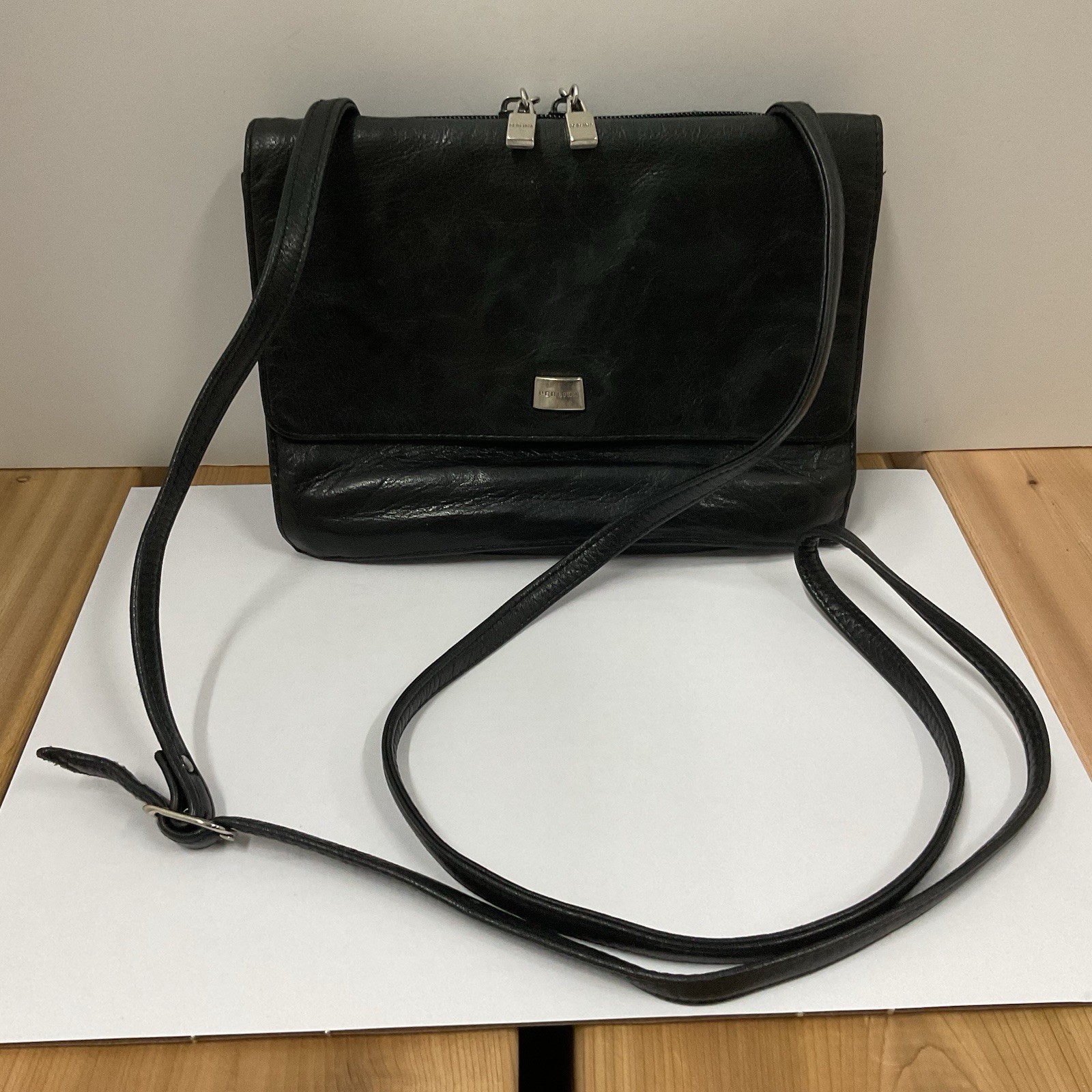 Nice Perlina Soft Black Leather Crossbody Purse, Good Used Condition