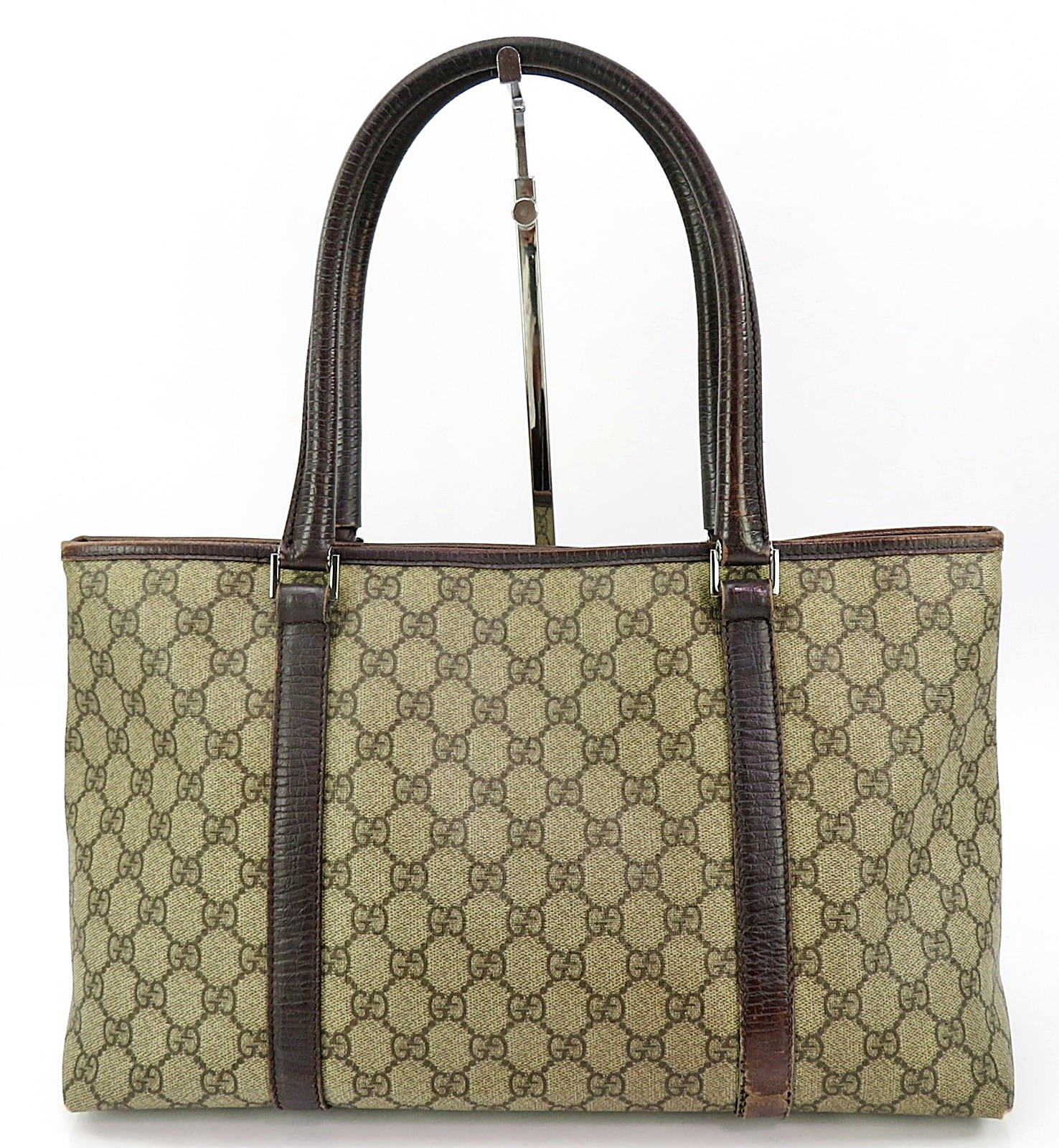 Authentic GUCCI Brown GG PVC Canvas Supreme and Leather Tote Bag Purse #63476