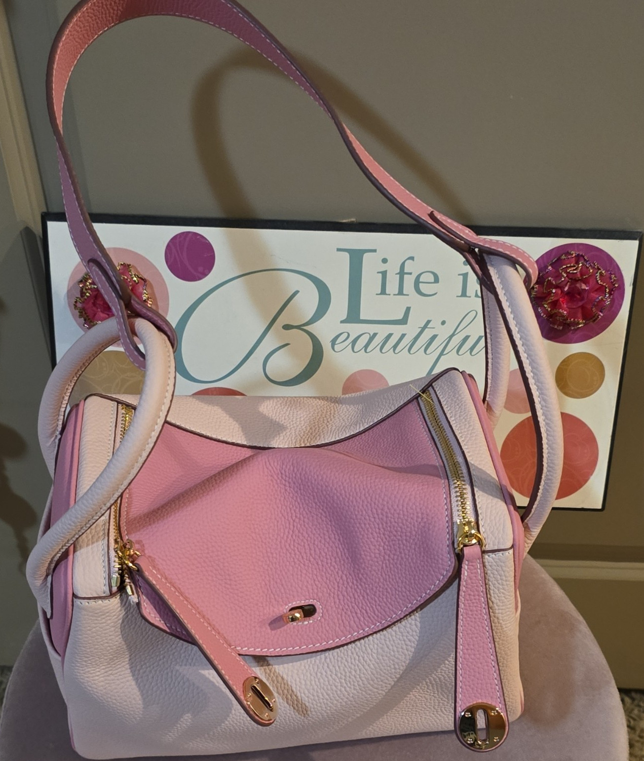 Pink Light Pink Colorblock Pebbled Leather Shoulder Bag Gold Hardware Women