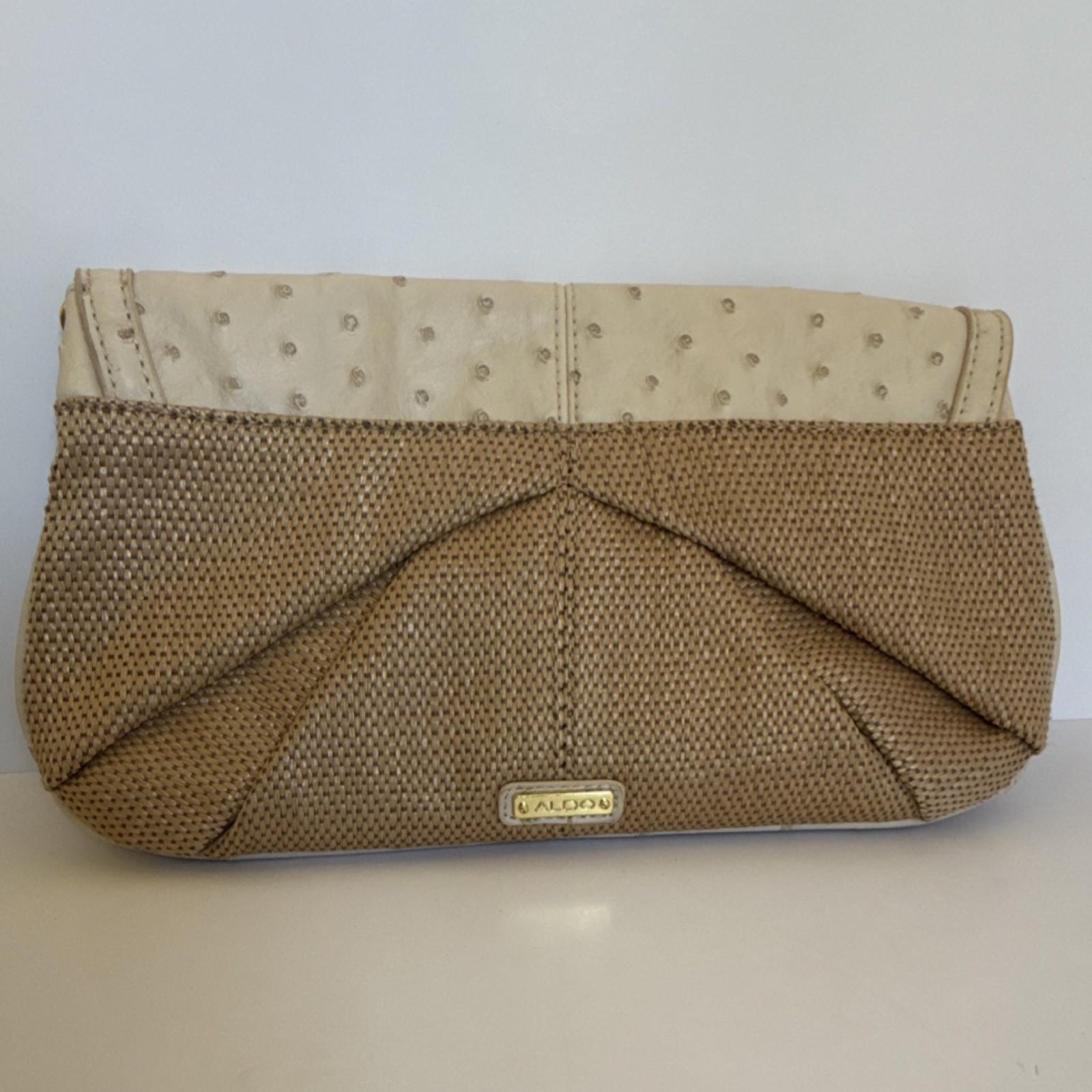 ALDO Beige Ostrich Embossed Clutch Bamboo Turn Lock Gold Hardware