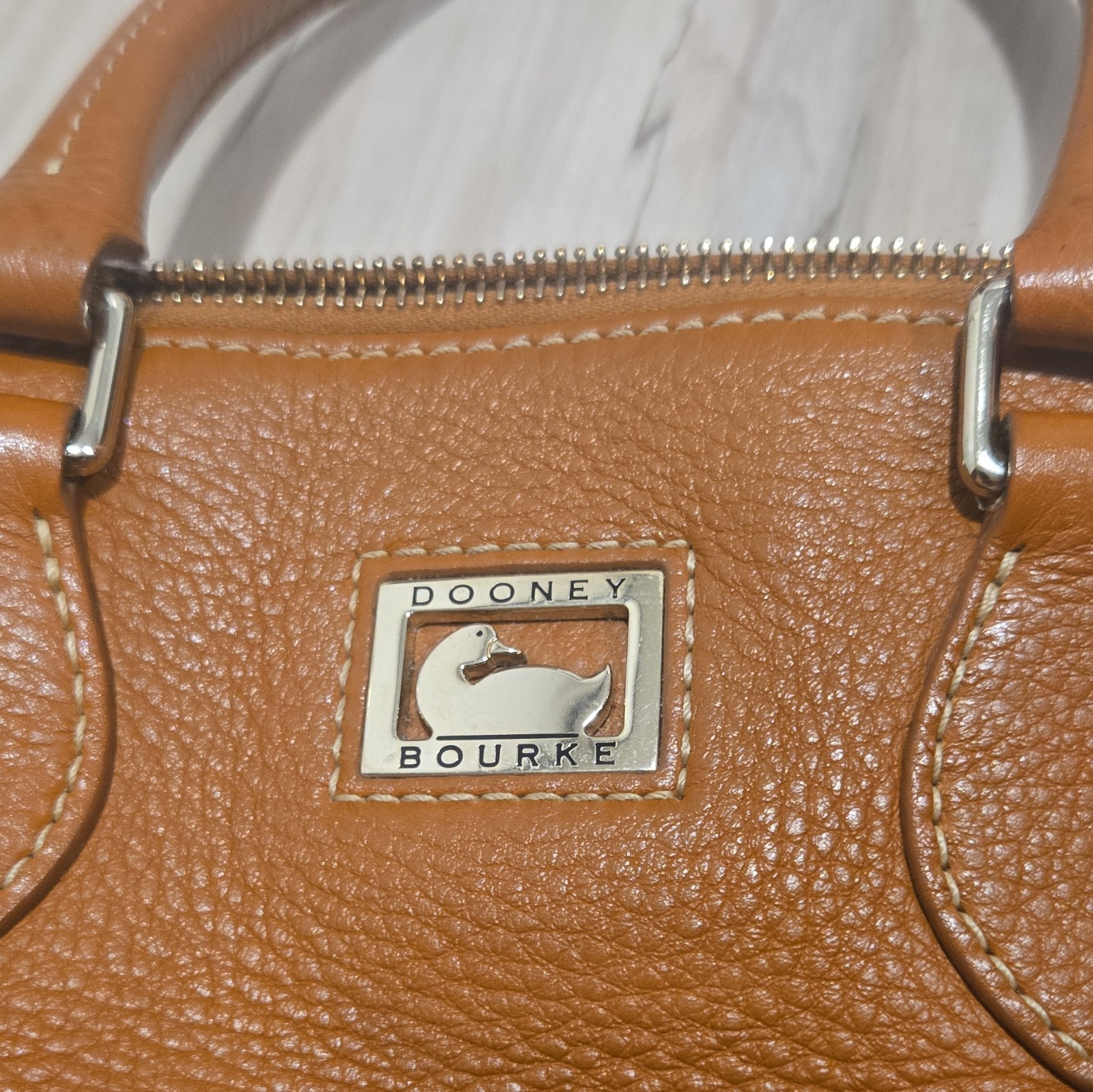 Dooney & Bourke Brown Pebbled Satchel, Medium, Zip, Silver Hardware, Strap