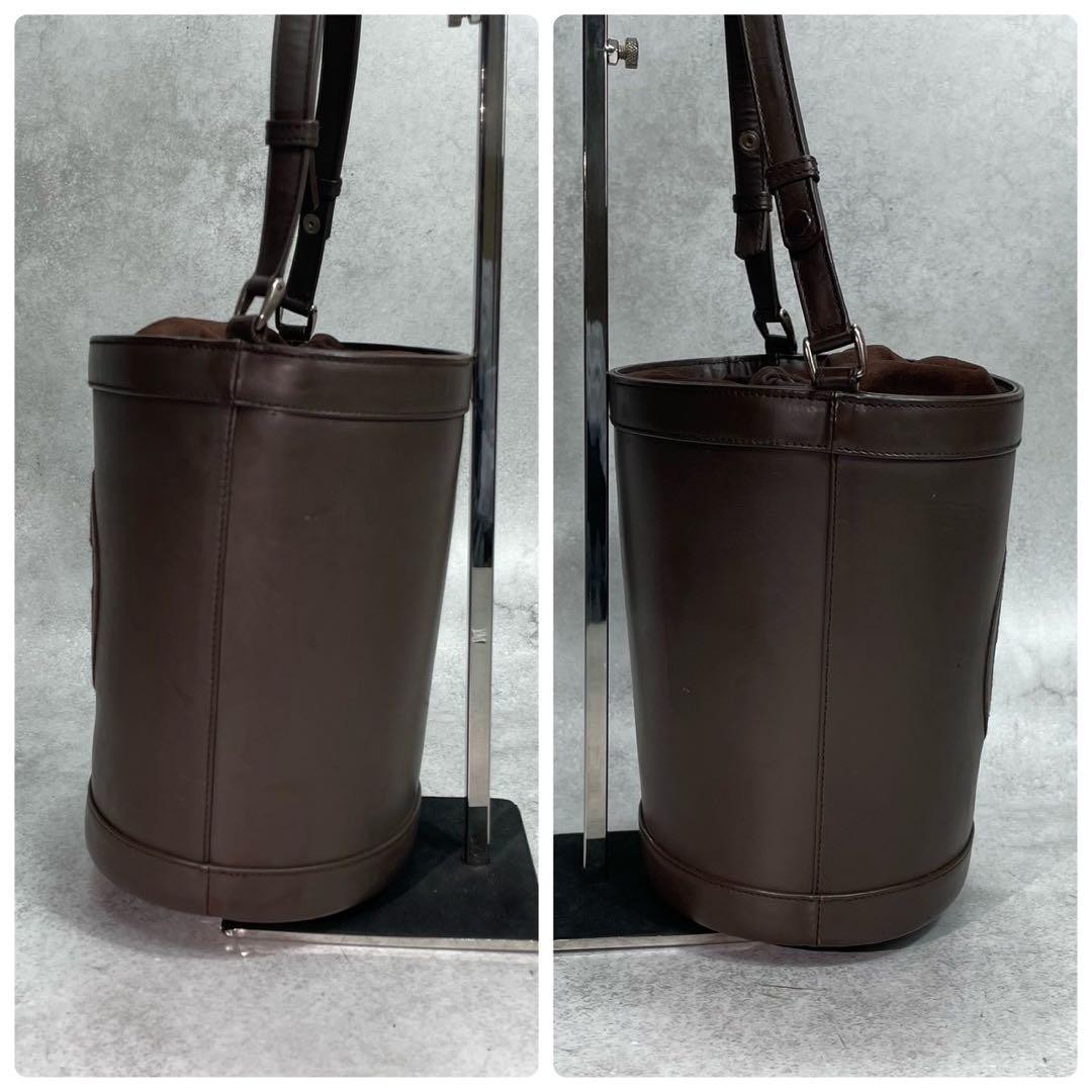 GUCCI GG Shoulder Bag Handbag Bucket Bag Leather Logo Drawstring Brown Logo