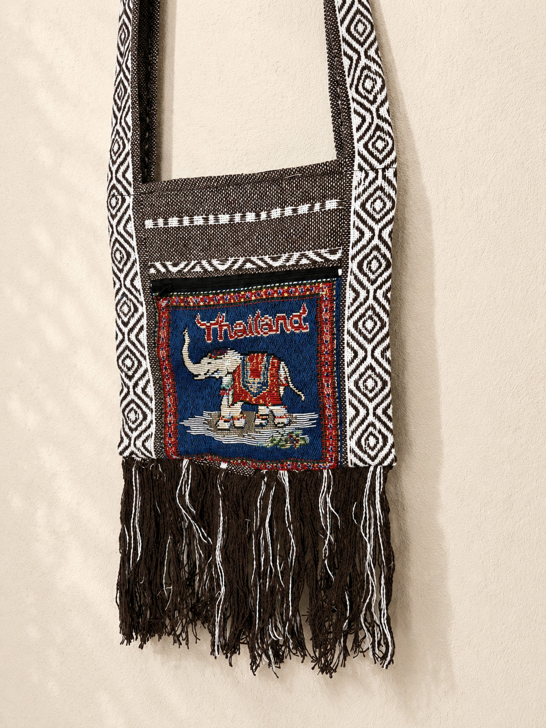 Thai Elephant Woven Tapestry Crossbody Bag, Boho Fringe Shoulder Purse Thailand