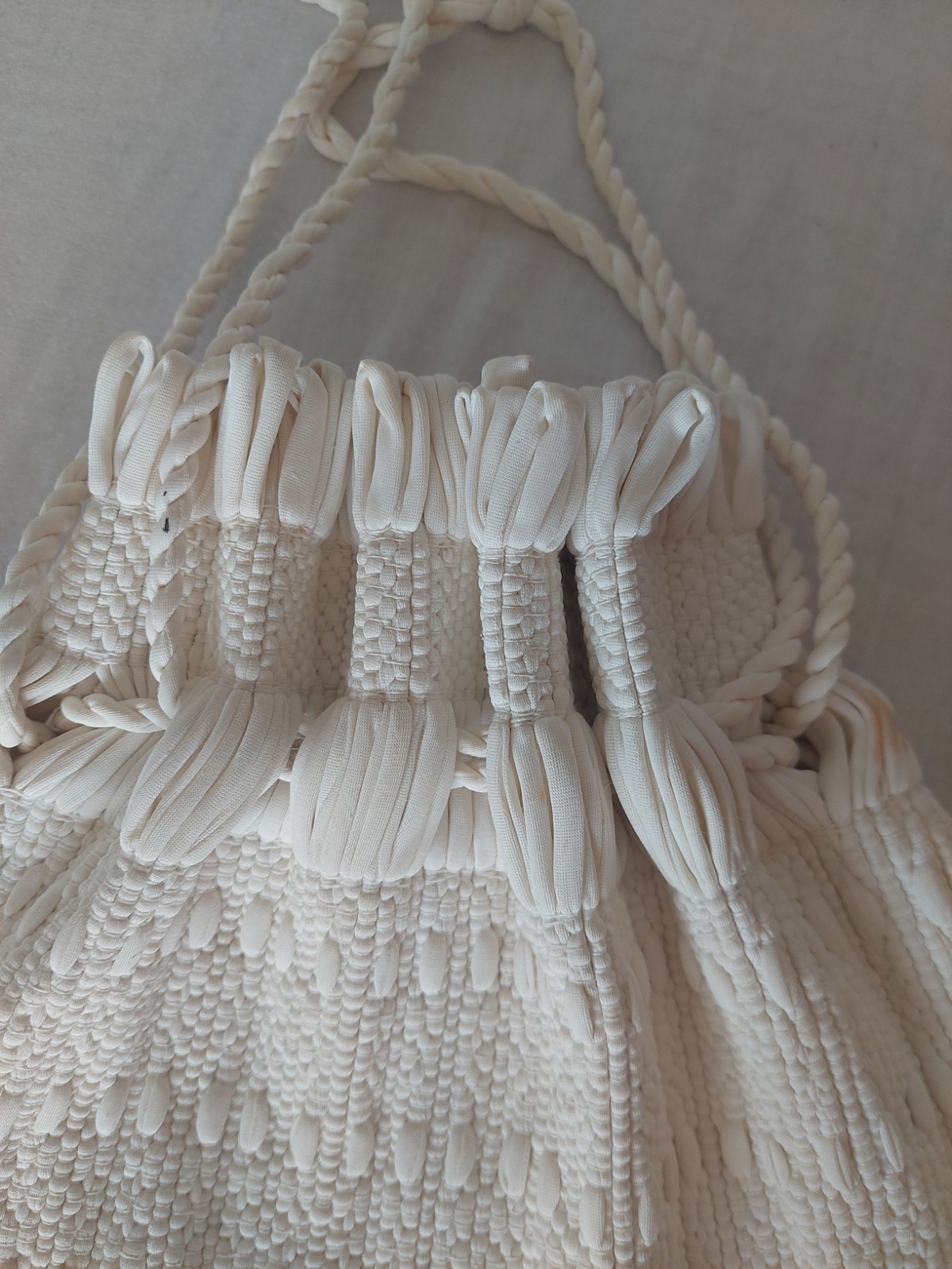 Bridal White Drawstring Silky Nylon Woven Loop Fringe Bucket Purse Vintage Bag