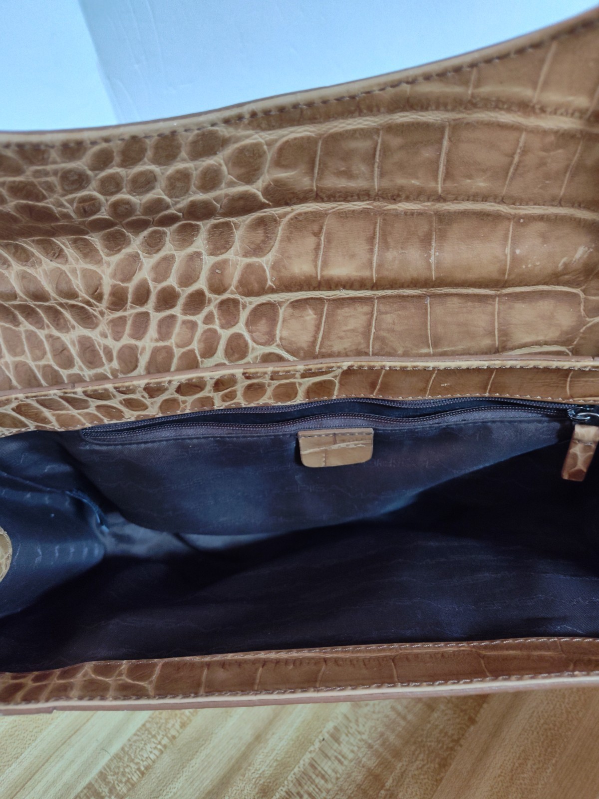 VIA SPIGA Brown Ostrich Print Leather Convertible Handbag Rare Italian Vtg Clean