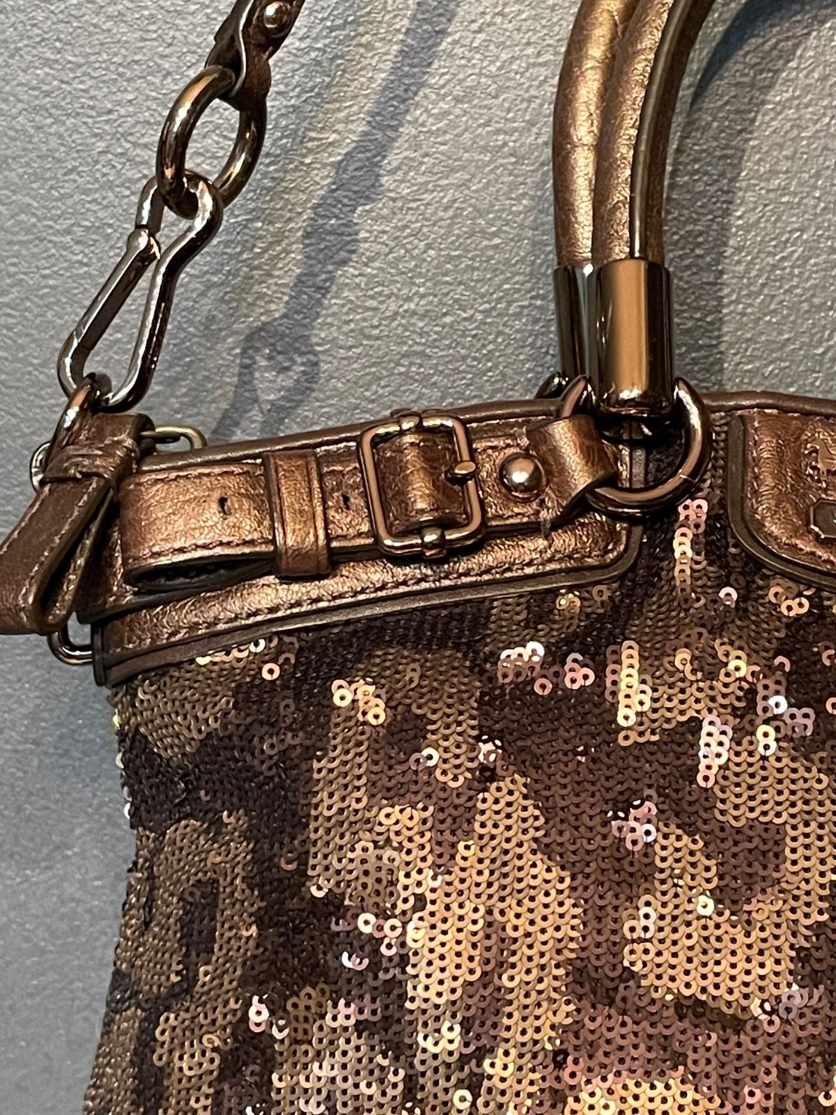 Coach Madison Sophia 18638 Leopard Sequin Satchel Bronze Crossbody Purse Bag