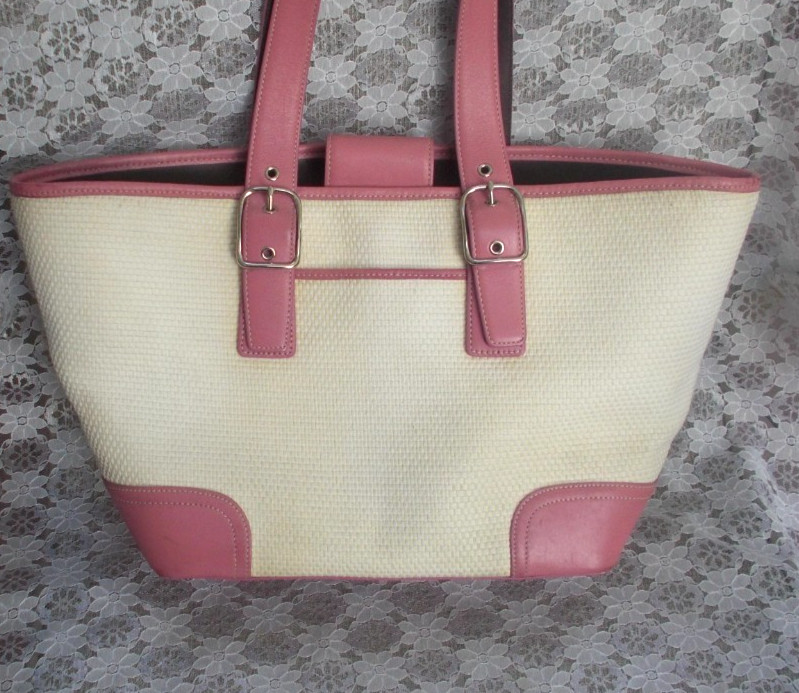 COACH TOTE BAG B04K-4468 Cream Straw Weave, Dusty Pink Leather Detail