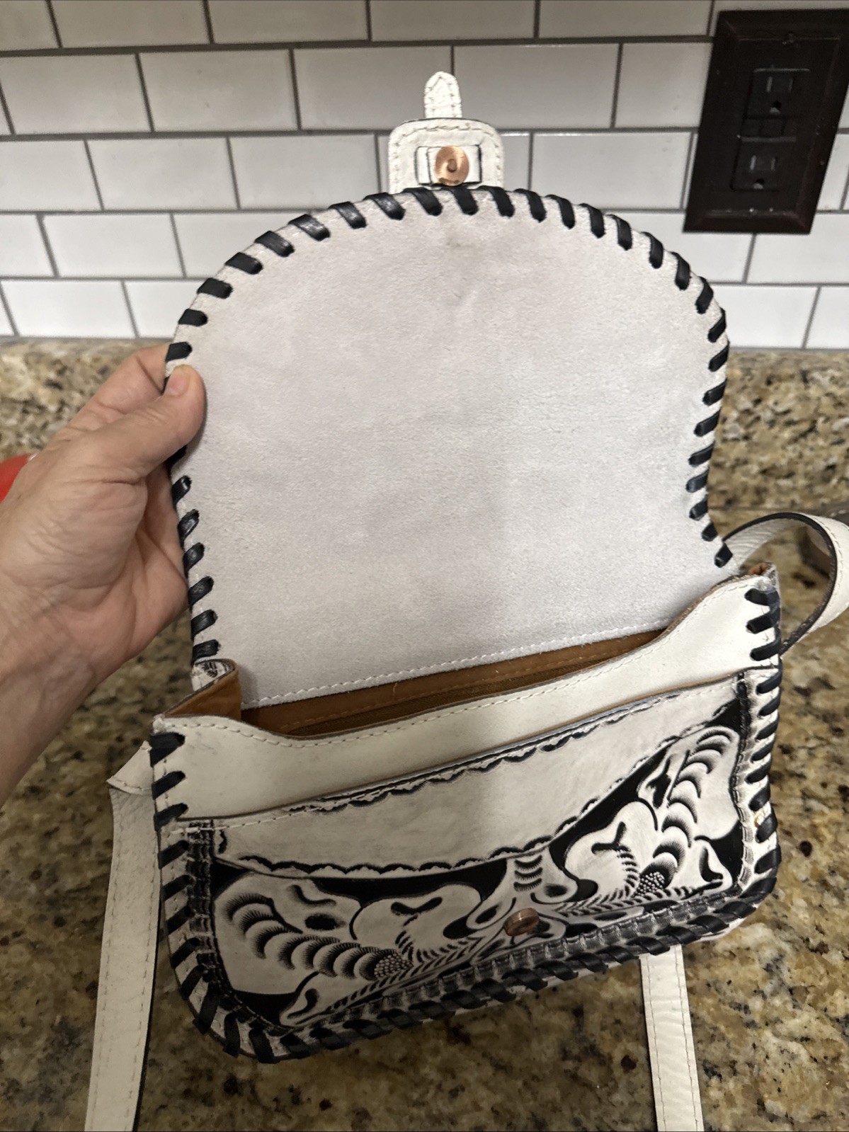 Patricia Nash Black And White Tooled Crossbody 24 Inch Adjustable Drop