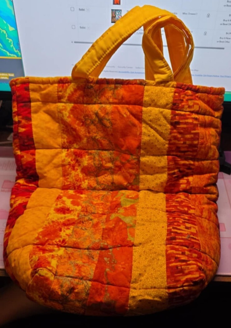 Handmade Orange Quilted Handbag with LOTS of Compartments 18in tall