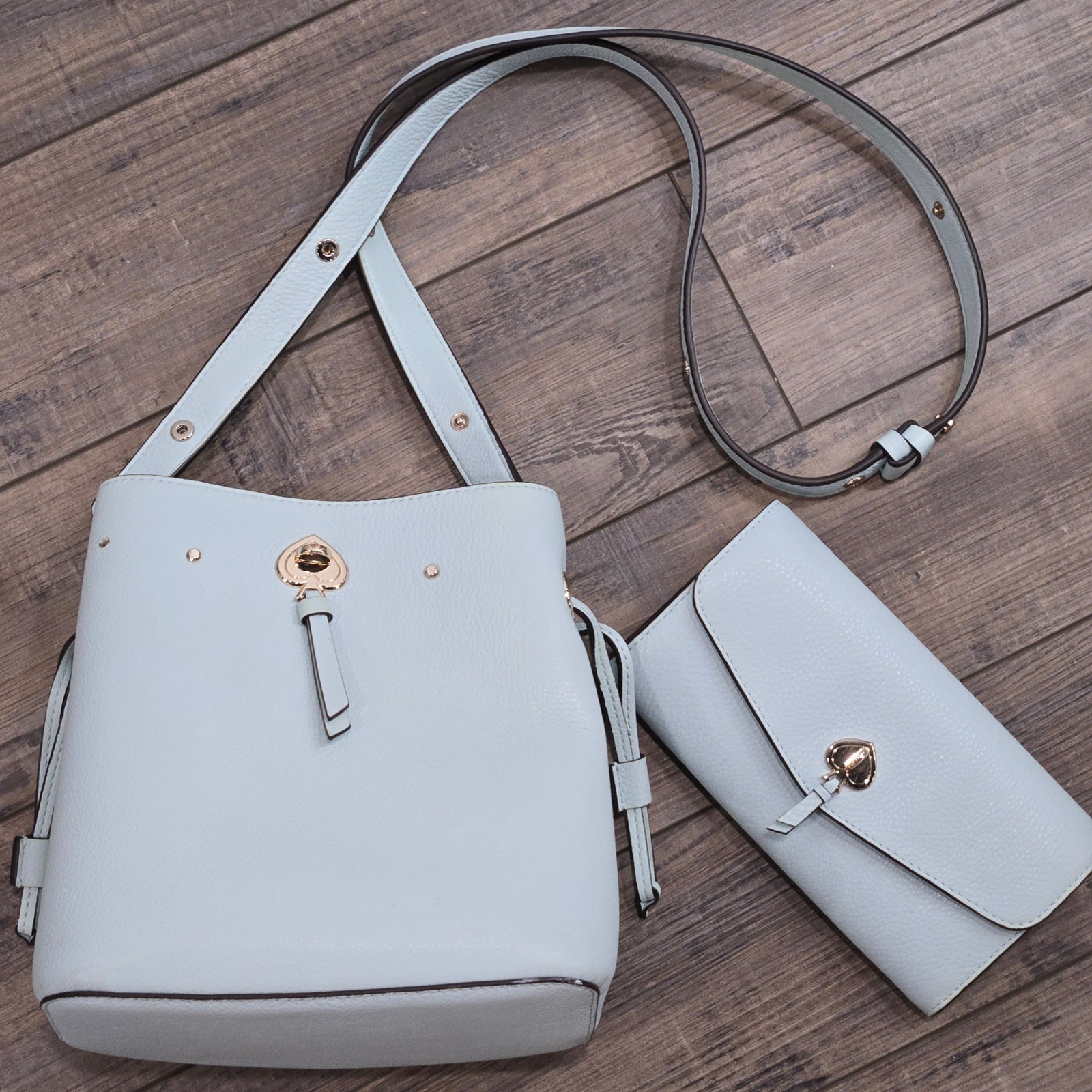 Kate Spade Marti Light Blue Pebbled Leather Bucket Bag and Wallet Set Pastel