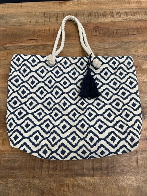 Tote Purse Beach Bag Natural Cream Blue Tassel Lightweight Lined Double Rope Han