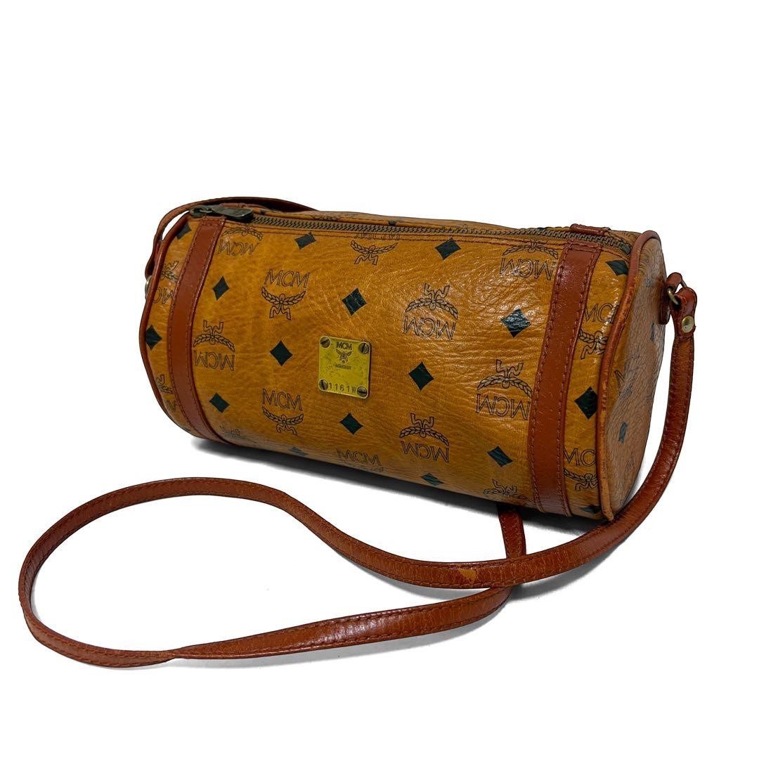 MCM Mini Shoulder Bag Visetos Camel PVC Cylinder Shape 23x13x13cm Authentic
