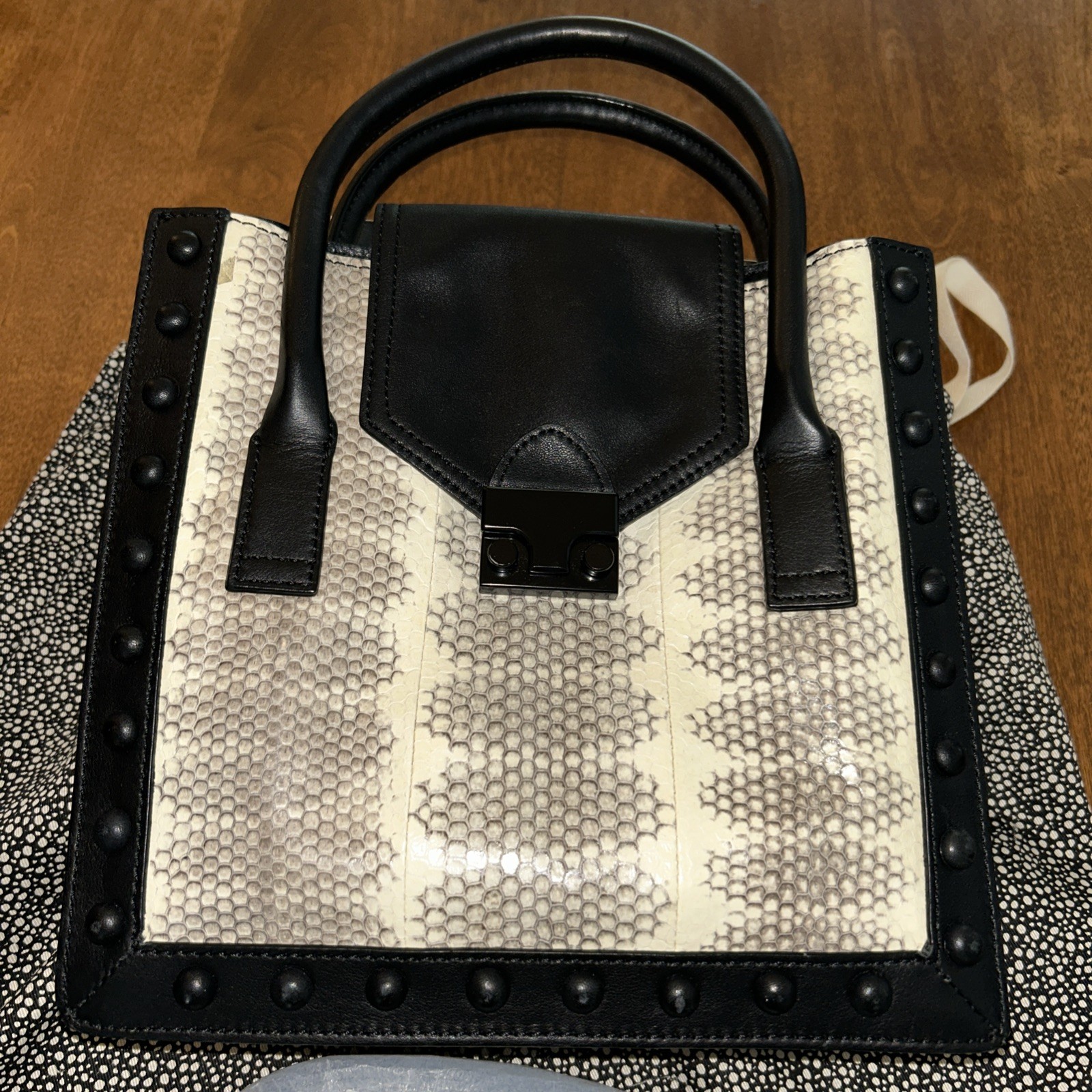 Loeffler Randall Studded Leather Junior Work Tote Black with Ivory Snakeskin NIB